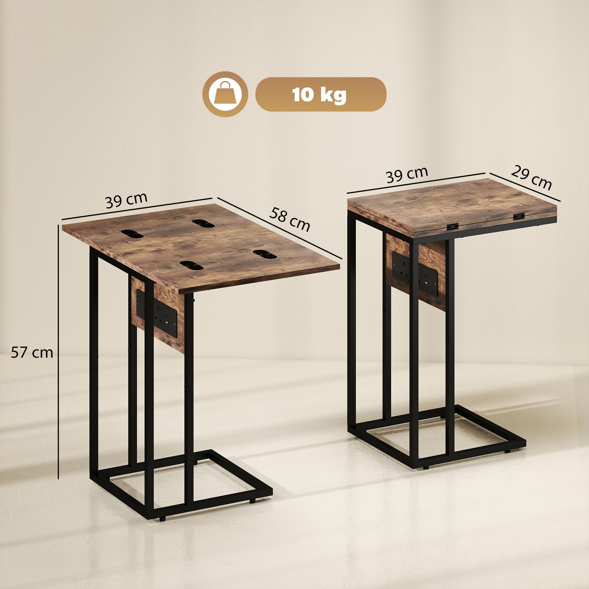 HOMCOM C Shaped Side Table with Charging Station and Foldable Top - Rustic Brown