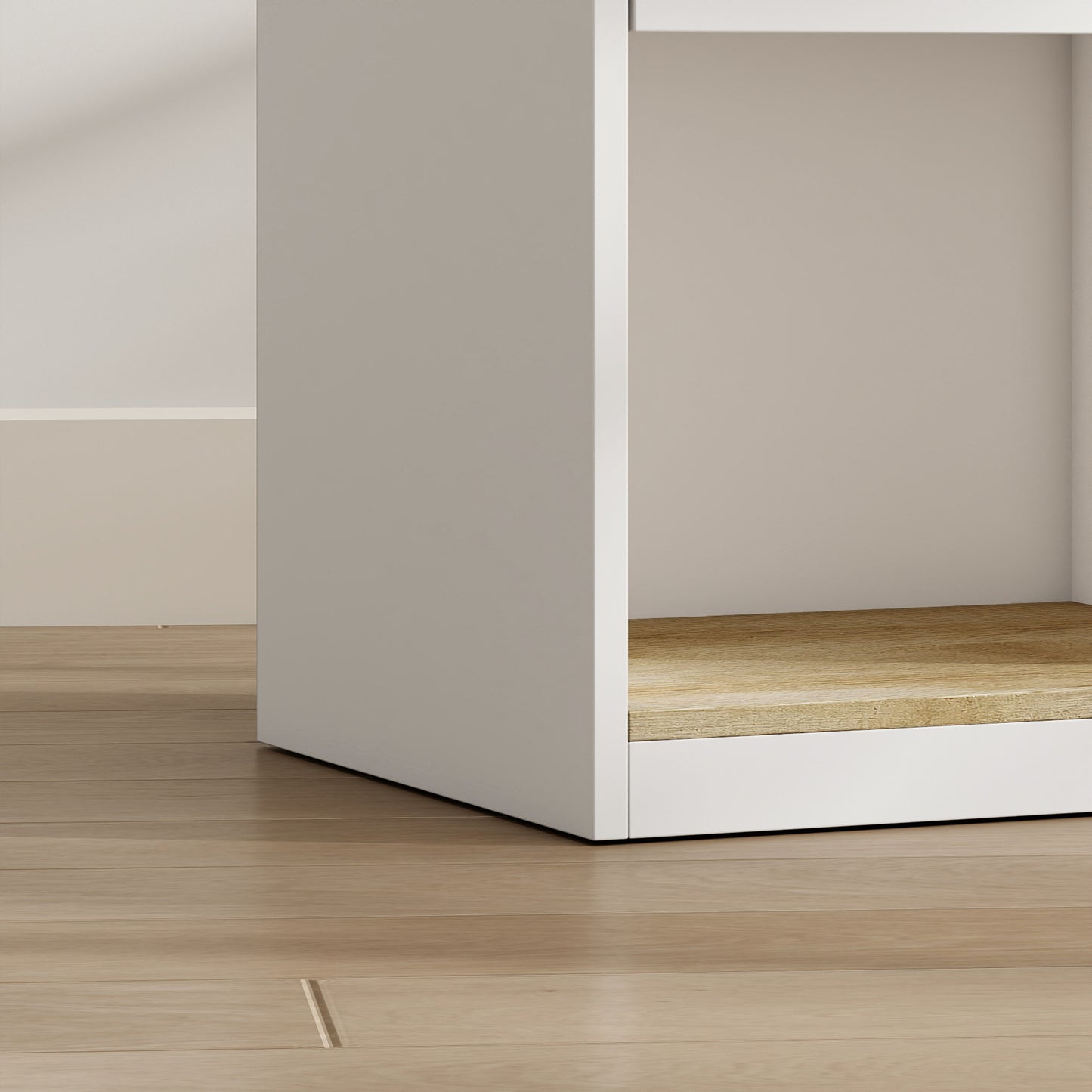 HOMCOM Modern Bedside Table, Slim Nightstand with Drawer, Shelf and Cable Holes, White and Oak