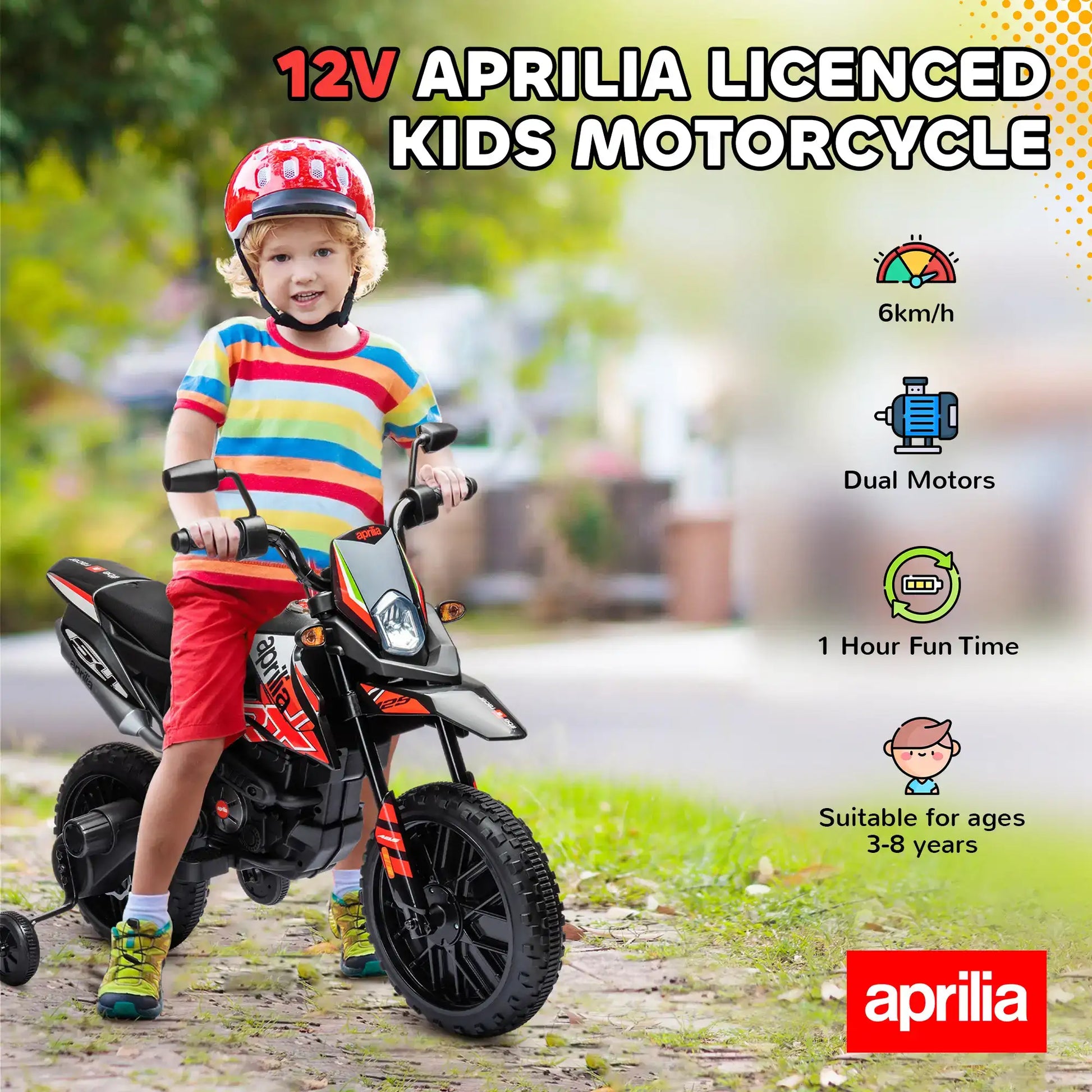 12V Aprilia Licensed Kids Motorbike with Training Wheels, Spring Suspension, LED Headlight, USB, Music, Red/Black