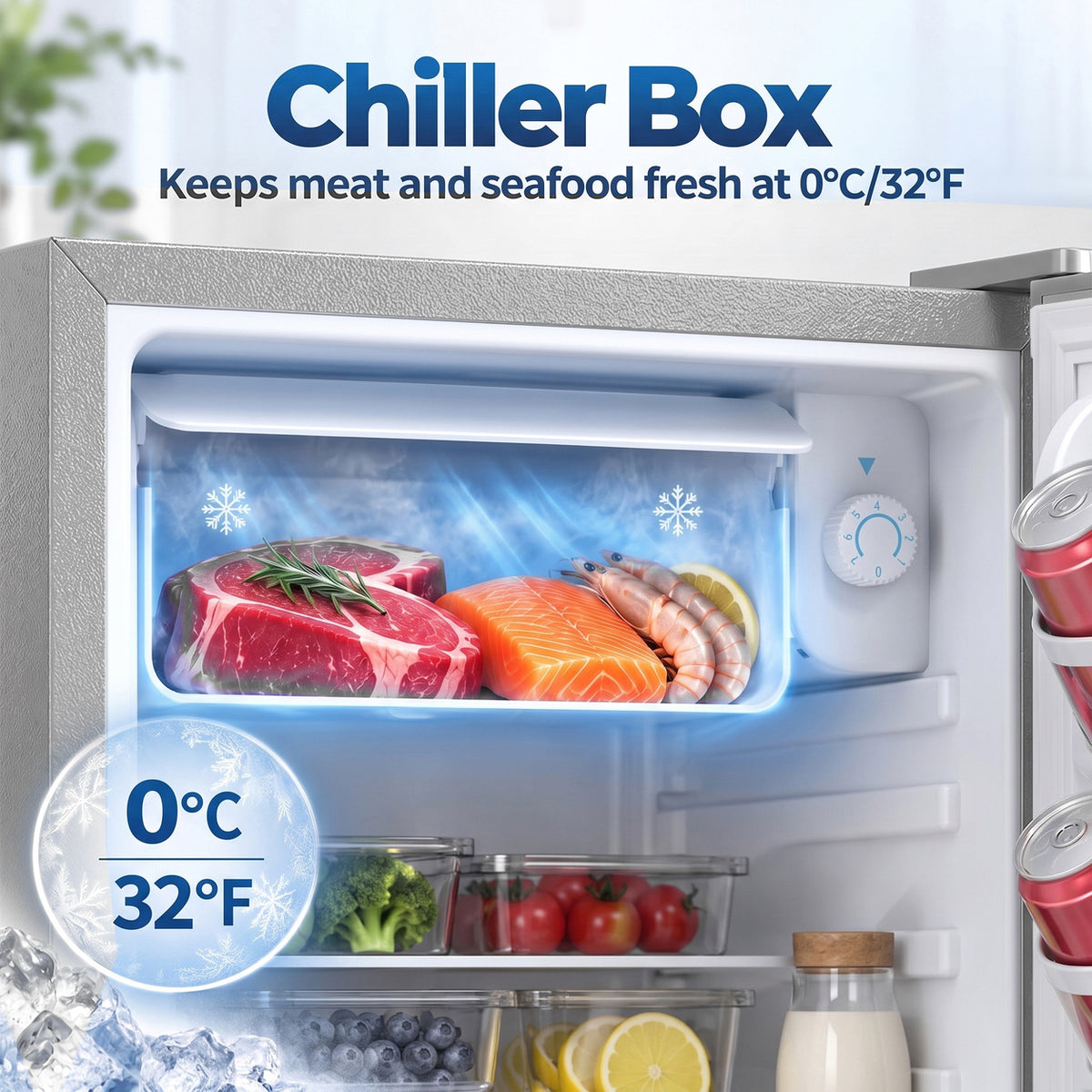 HOMCOM 73 L Mini Fridge with Chiller Box, Single Door Compact Refrigerator, Adjustable Thermostat, Reversible Door, Grey