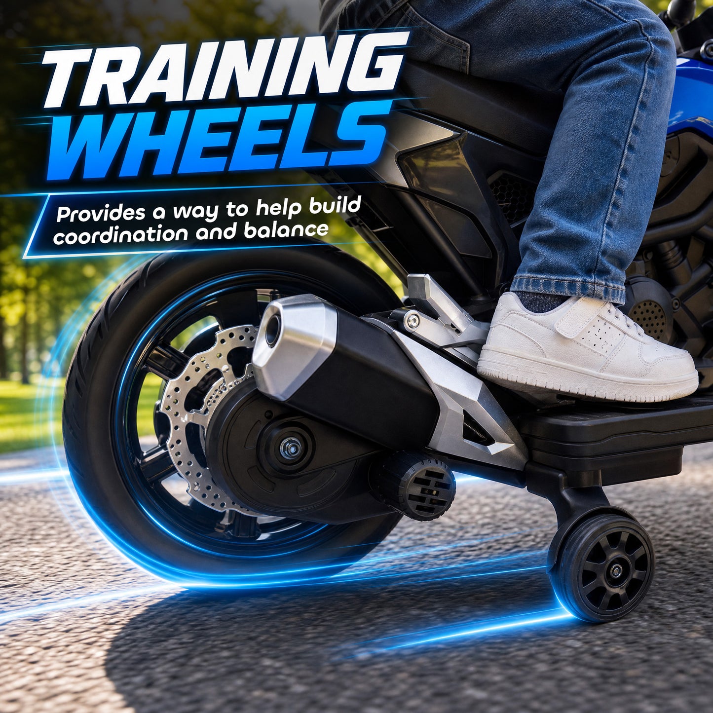 AIYAPLAY Licensed Honda 12V Kids Electric Motorbike with Training Wheels, Soft Start, Headlights, Music for 3-6 Years, Blue