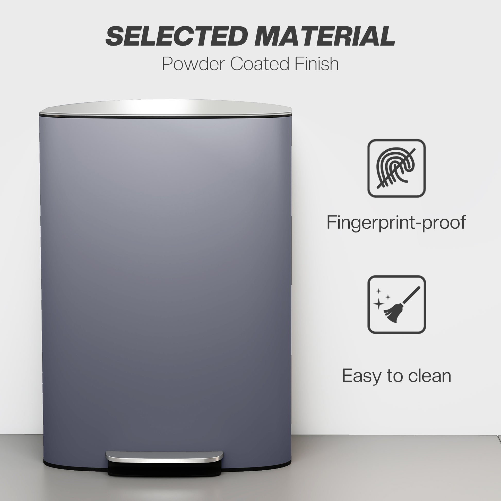 HOMCOM 50L Kitchen Bin with Soft-Close Lid and Stay-Open Function, Stainless Steel Pedal Bin with Removable Inner Bucket, Carry Handle for Kitchen, Office, Home, Grey