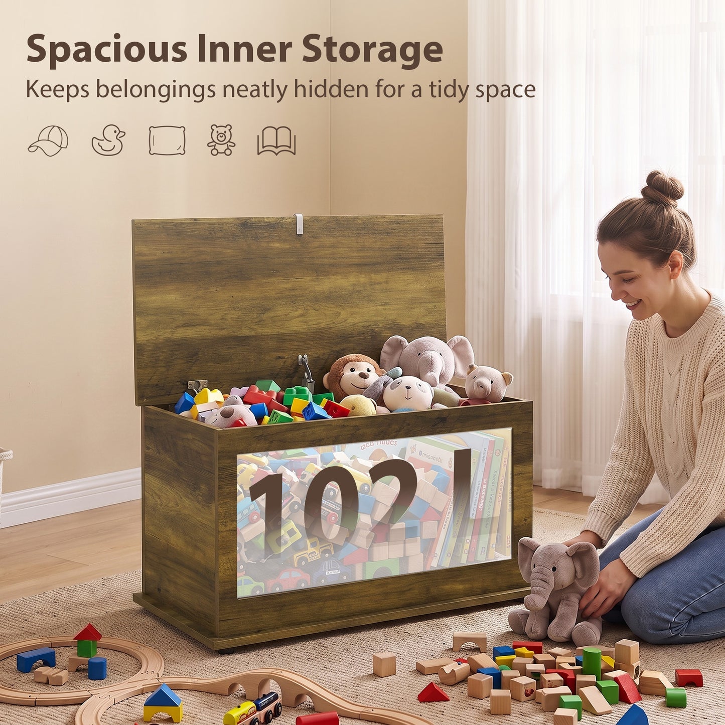 HOMCOM Storage Chest, 102L Blanket Box, Shoe Bench with Safety Hinged Lid, Bed End Bench for Bedroom, 80 x 40 x 45cm, Brown
