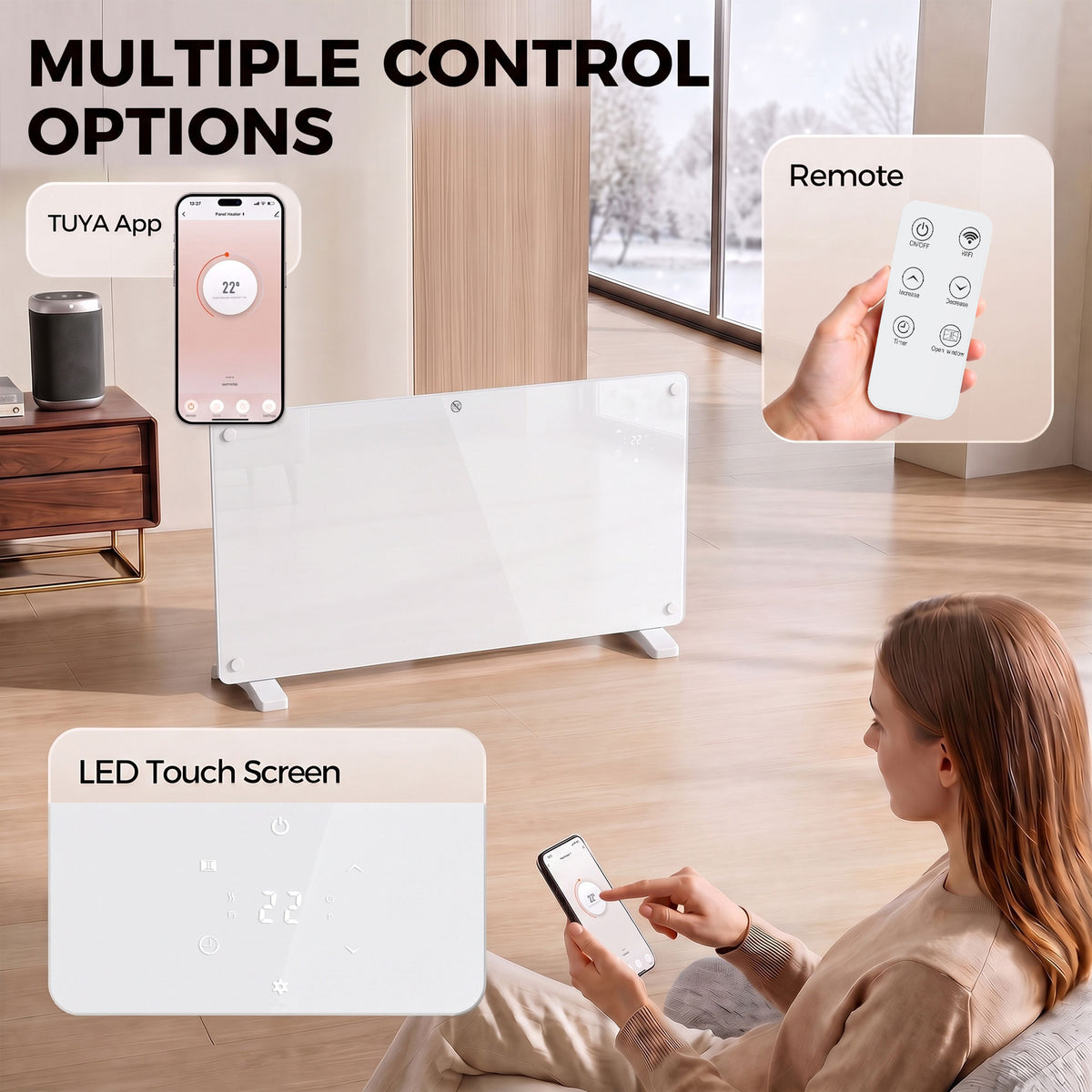 HOMCOM 1500W Smart Panel Heater Wall Mounted & Freestanding, Electric Heater with Weekly Timer, Open Window & Anti-Frost, White