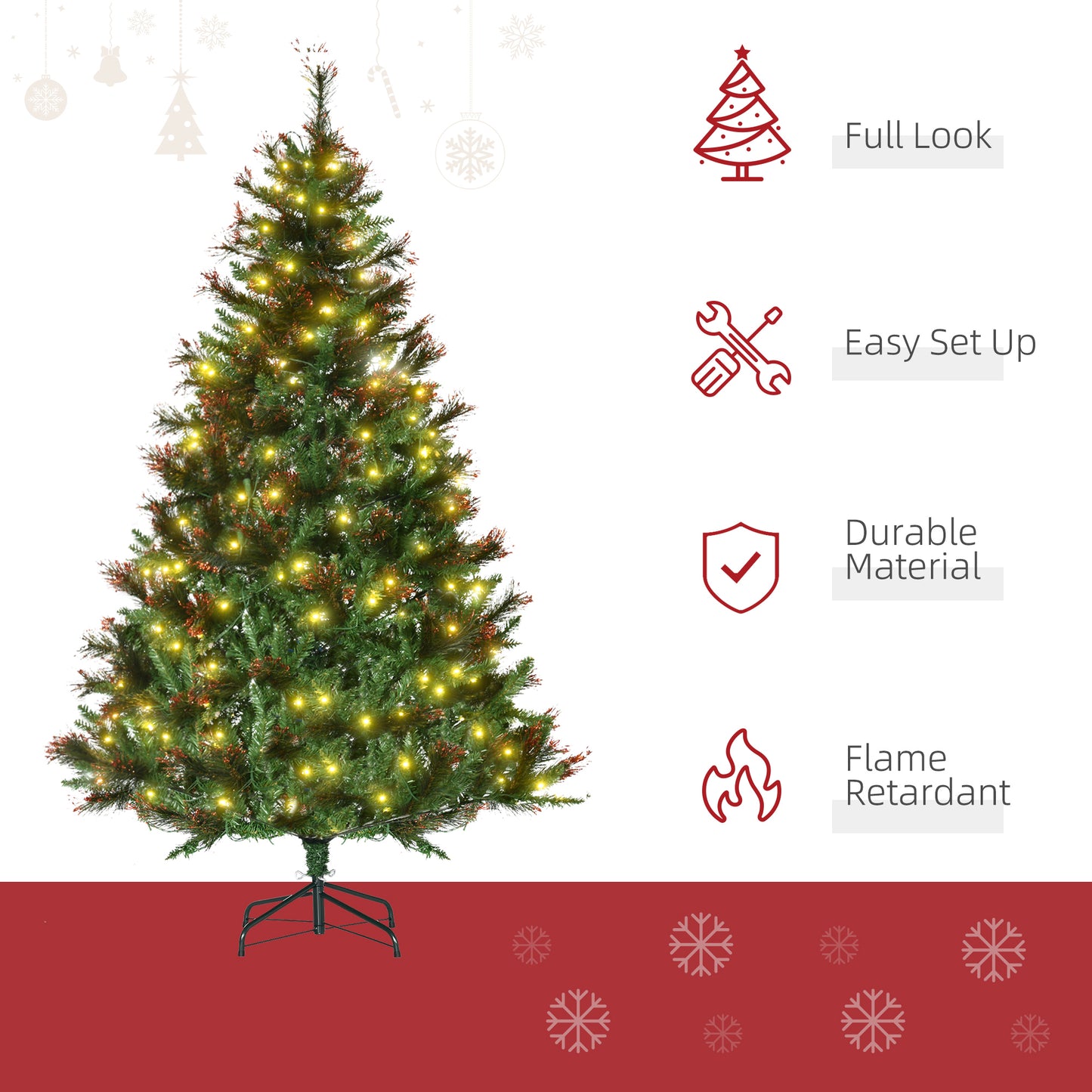 HOMCOM 1.8m 6ft Pre-Lit Christmas Tree Artificial Spruce Xmas Tree Warm White LED Holiday DÃ©cor with Metal Stand