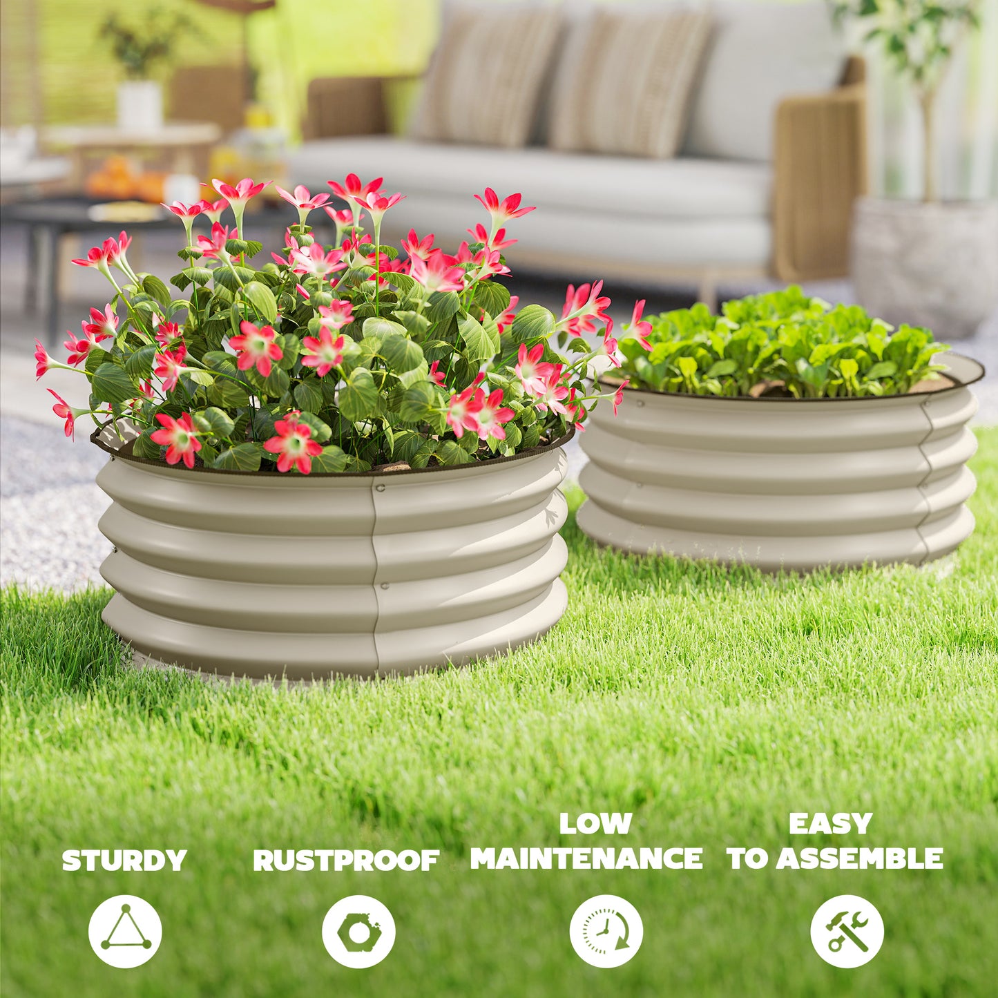Outsunny Set of 2 Raised Garden Bed, Metal Planter Box with Safety Edging, Easy-to-assemble Stock Tank, Cream White