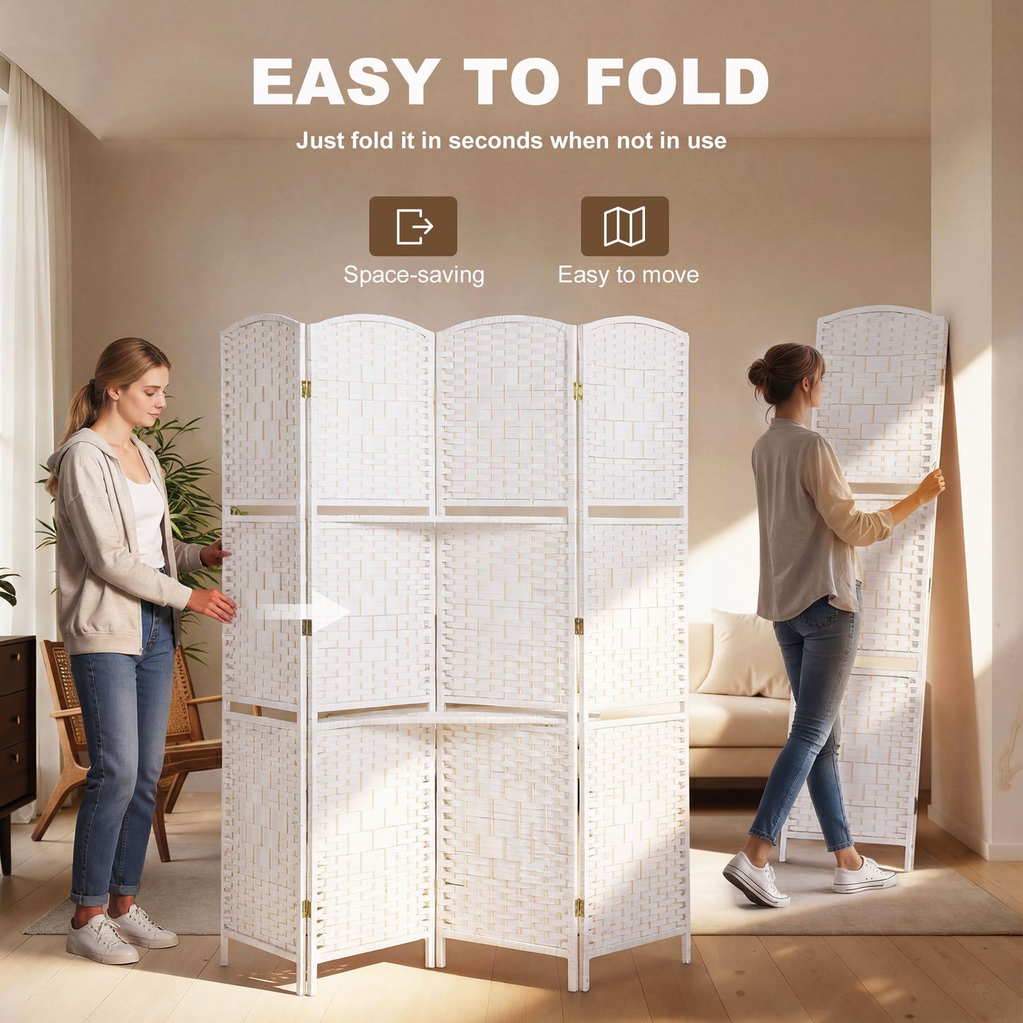 HOMCOM Freestanding Privacy Screen, 4 Panel Folding Room Divider for Living Room, Bedroom and Office, 160 x 170cm, White