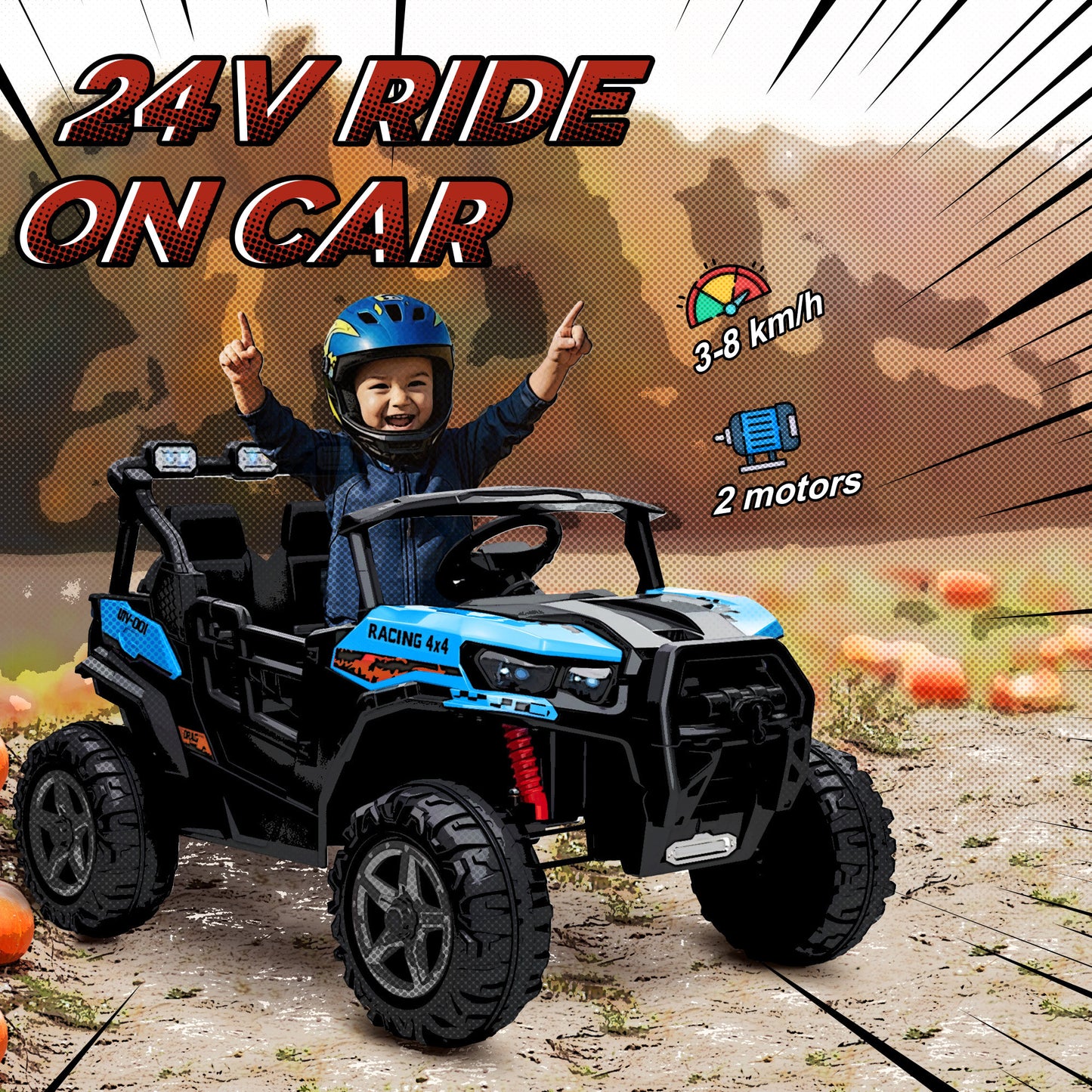 AIYAPLAY 24V Electric Ride on Car, 2-Seater Electric Car for Kids with Remote, Bluetooth, Soft Start, Suspension Spring, Blue