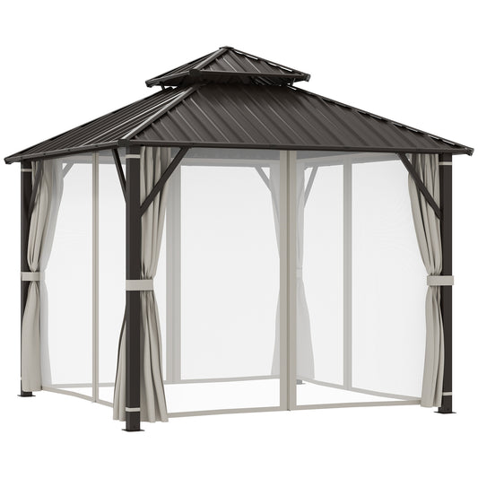 Outsunny 3 x 3(m) Hardtop Gazebo Canopy with Double Metal Roof, Waterproof Permanent Pavilion Garden Gazebo with Netting and Curtains, Easy to Assemble, Beige