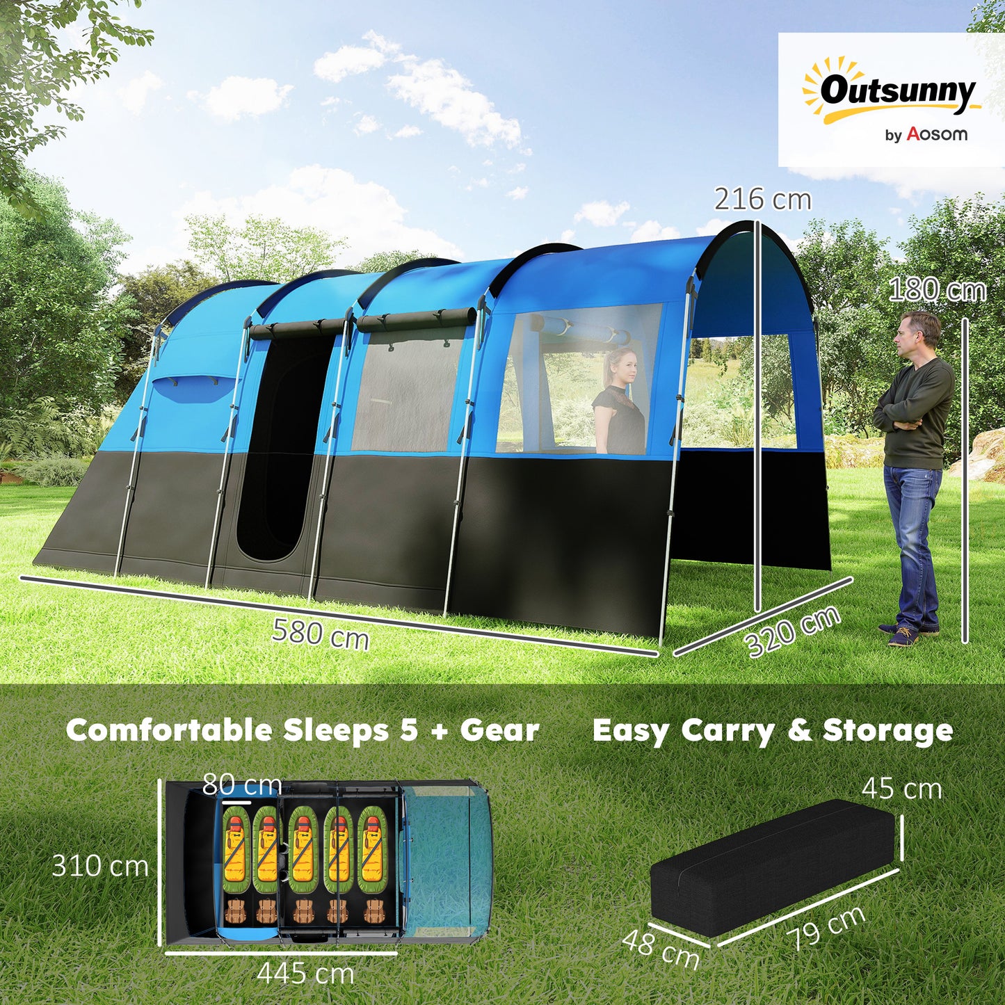 Outsunny 4-Person Camping Tent, Waterproof Family Tent, Tunnel Design, 4 Large Windows, Sleeping Cabins 3000mm Water Column Blue