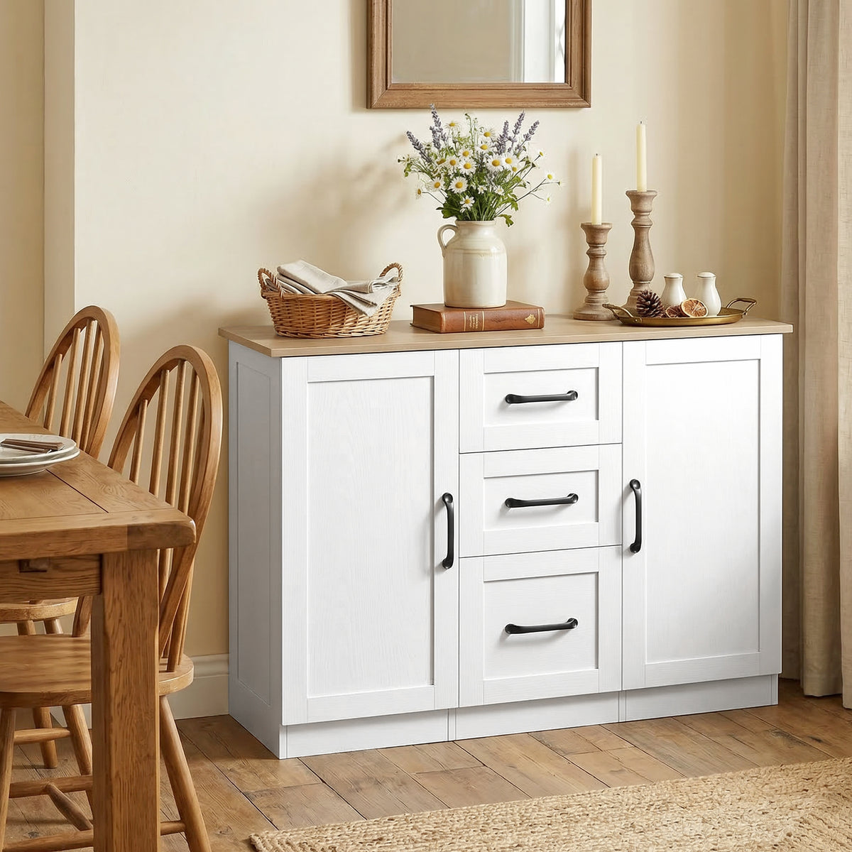 HOMCOM Sideboard Storage Cabinet, Modern 110 cm Buffet Storage Cabinet with 3 Drawers and 2 Soft Close Doors, White