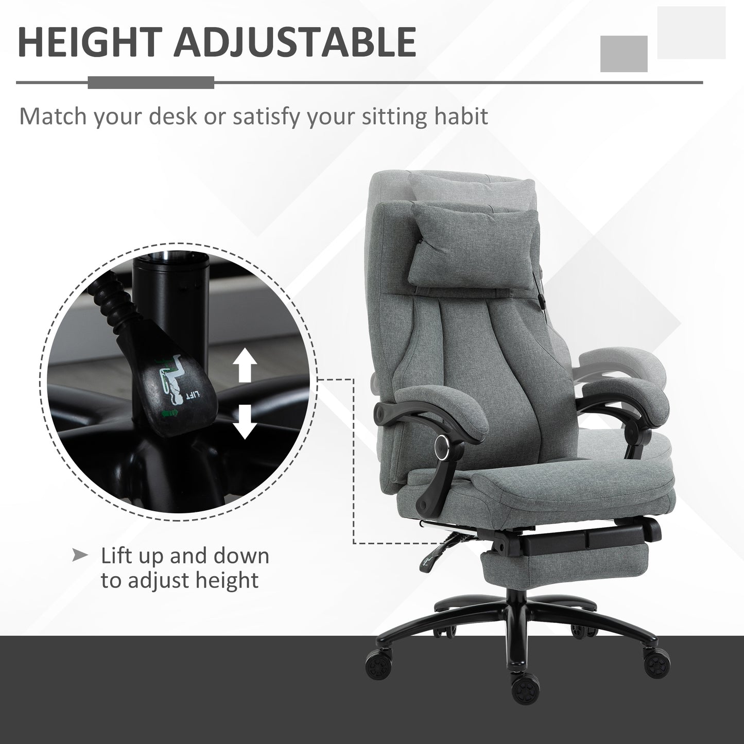 Vinsetto Office Chair, Fabric Desk Chair with Adjustable Massage Pillow, USB Power and Retractable Footrest, High Back, 360Â° Swivel, for Home, Grey