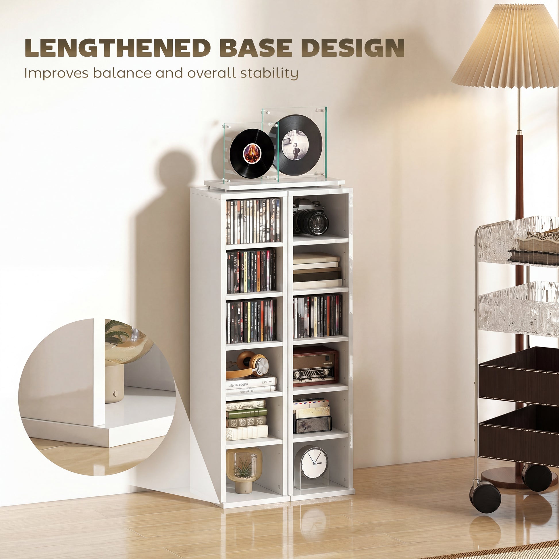 HOMCOM Set of 2 CD Media Display Shelf Unit Tower Rack with Adjustable Shelves, High Gloss White