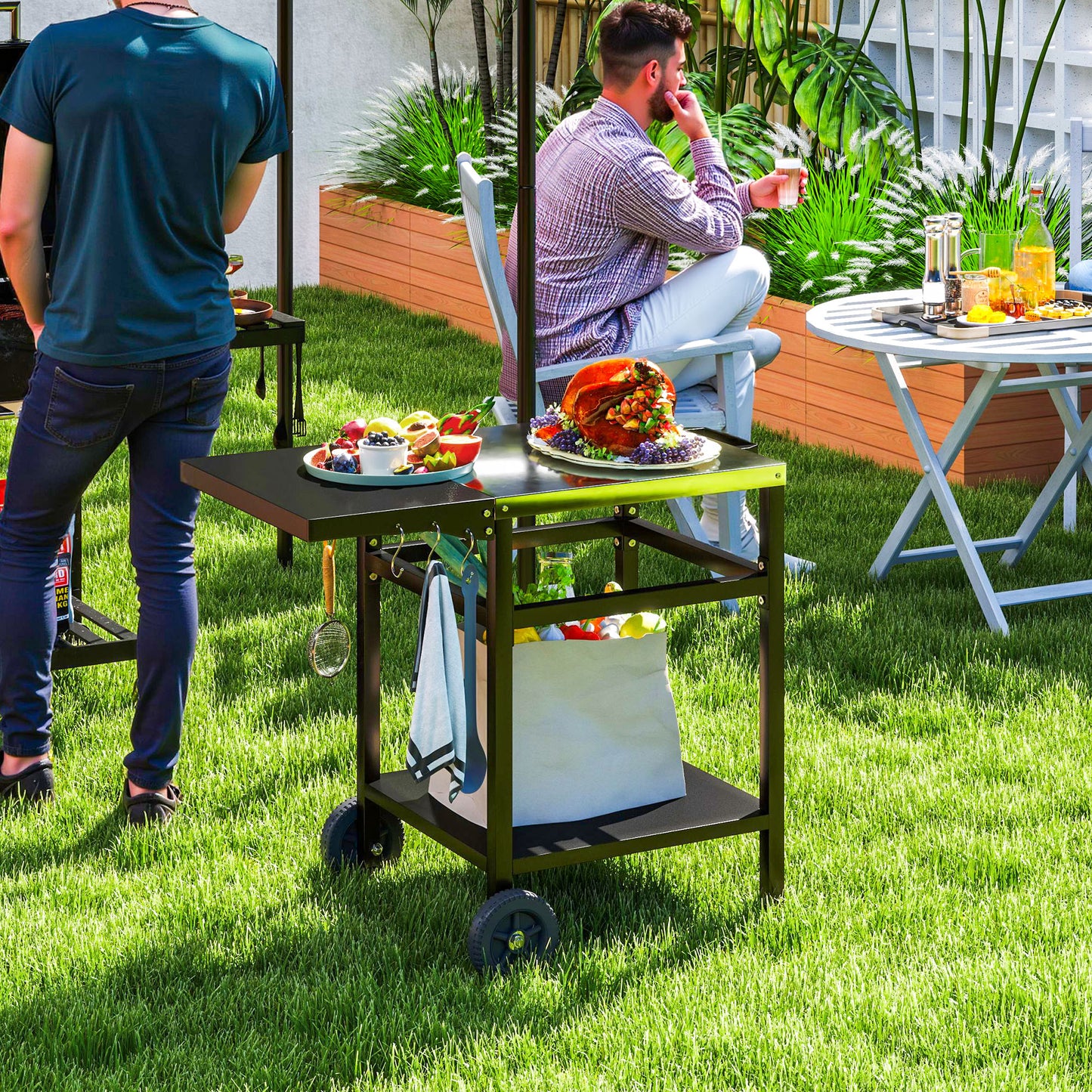 Outsunny BBQ Trolley with Stainless Steel Top and Foldable Side Table, Outdoor Kitchen Barbecue Station with Hooks and Shelf, Pizza Oven Table Movable Outdoor Grill Dining Cart with Cover, Black