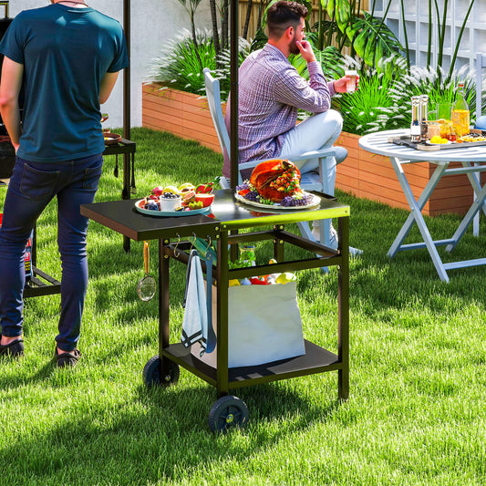 Outsunny BBQ Trolley with Stainless Steel Top and Foldable Side Table, Outdoor Kitchen Barbecue Station with Hooks and Shelf, Pizza Oven Table Movable Outdoor Grill Dining Cart with Cover, Black
