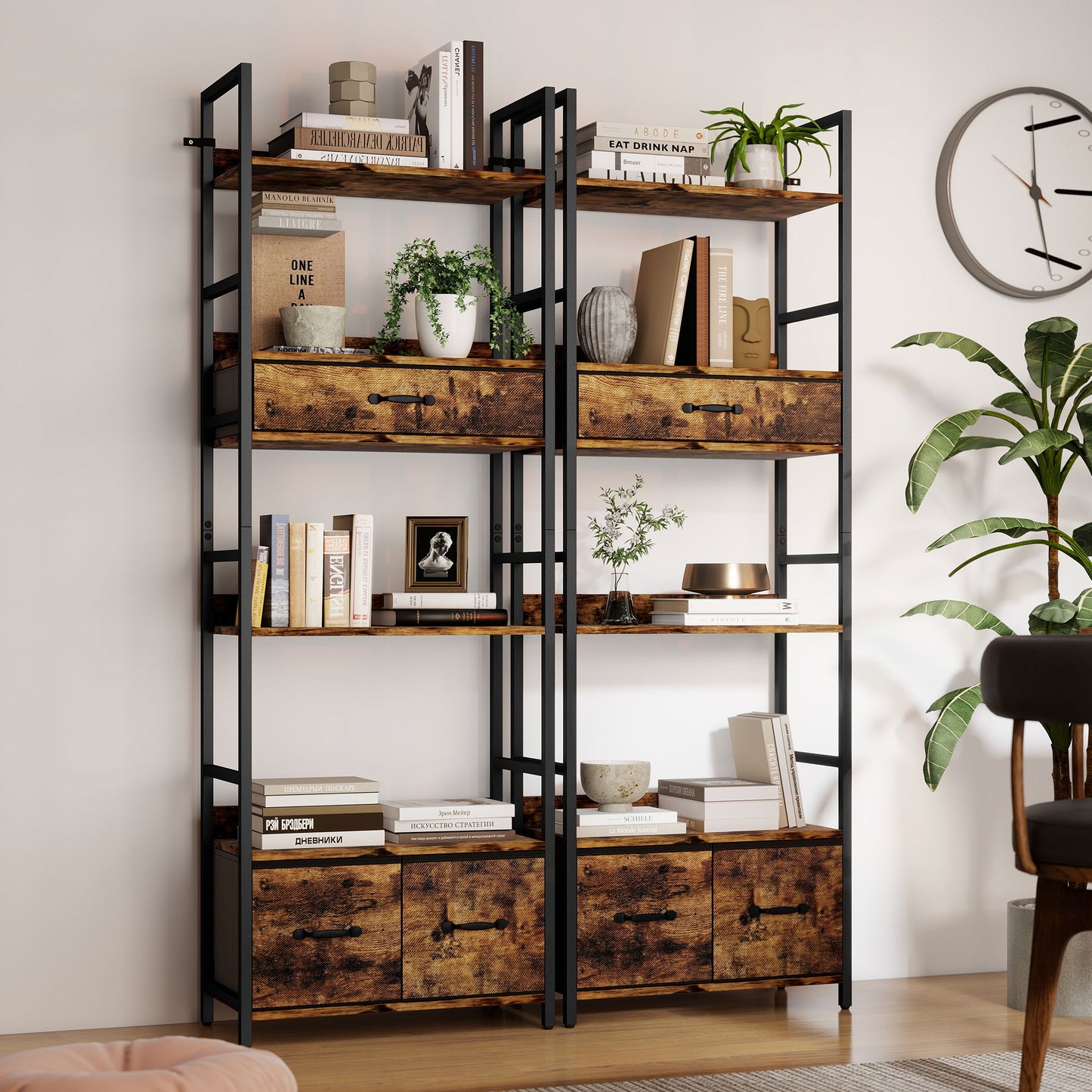 HOMCOM Industrial Style Bookcase, with 4 Shelves and 3 Fabric Drawers - Brown/Black