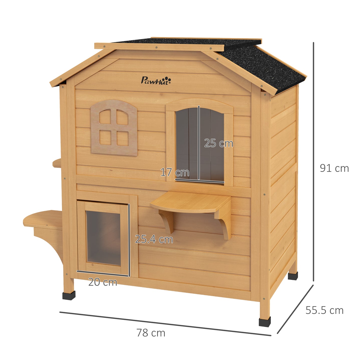 PawHutÂ 2-story Cat House Outdoor, WeatherproofÂ Wooden Cat Enclosure for Feral Cats with Escape Door, Openable Roof, Jumping Platforms, Natural Wood Finish