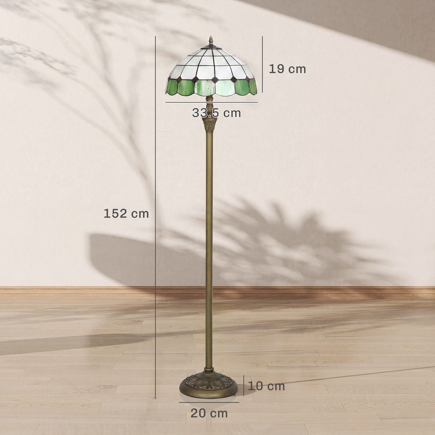 HOMCOM Tiffany-Style Floor Lamp with Handcrafted Stained Glass Shade, 152cm Tall Vintage Standing Lamp, Bronze Tone and Green