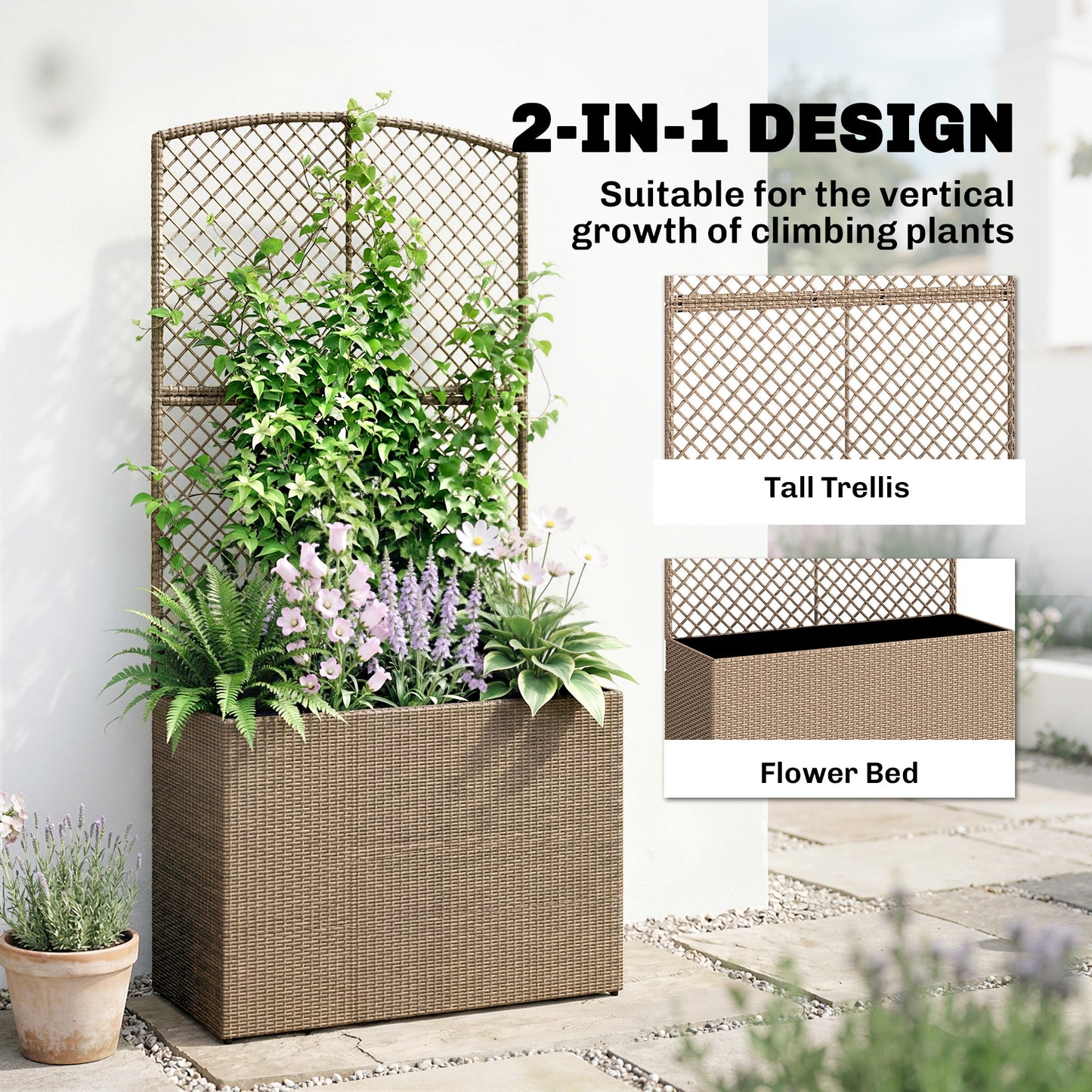 Outsunny Rattan Planter with Trellis, Raised Beds for Garden with Liner for Climbing Plants Vegetables Flowers, Light Grey