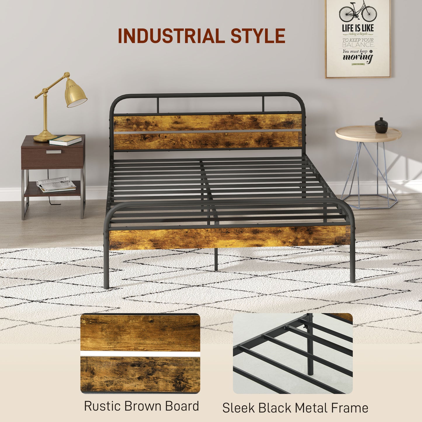 HOMCOM Industrial-Style King Bed Frame - Black/Brown