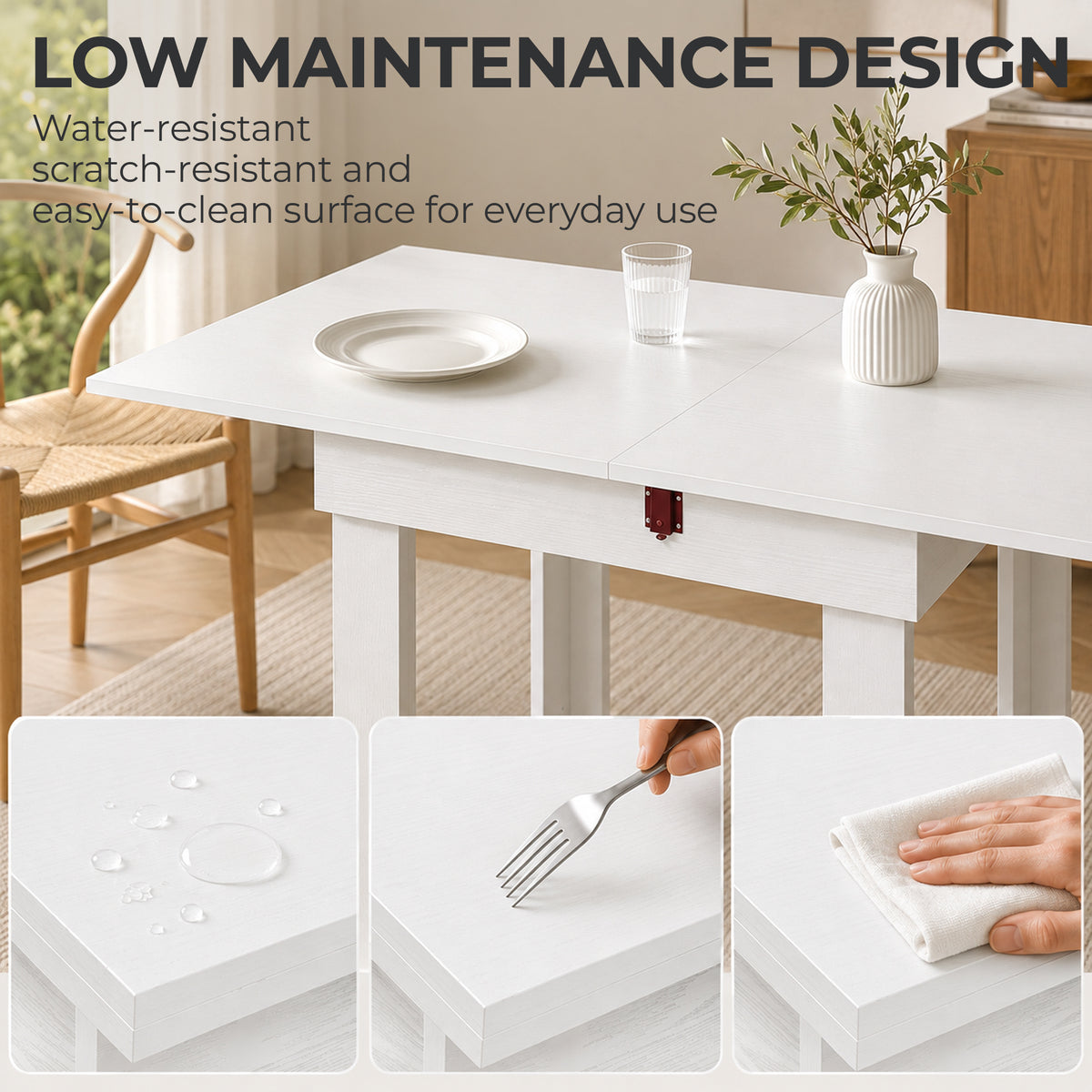 HOMCOM Folding Dining Table Under-Table Storage Extendable Kitchen Table Steel Rail White
