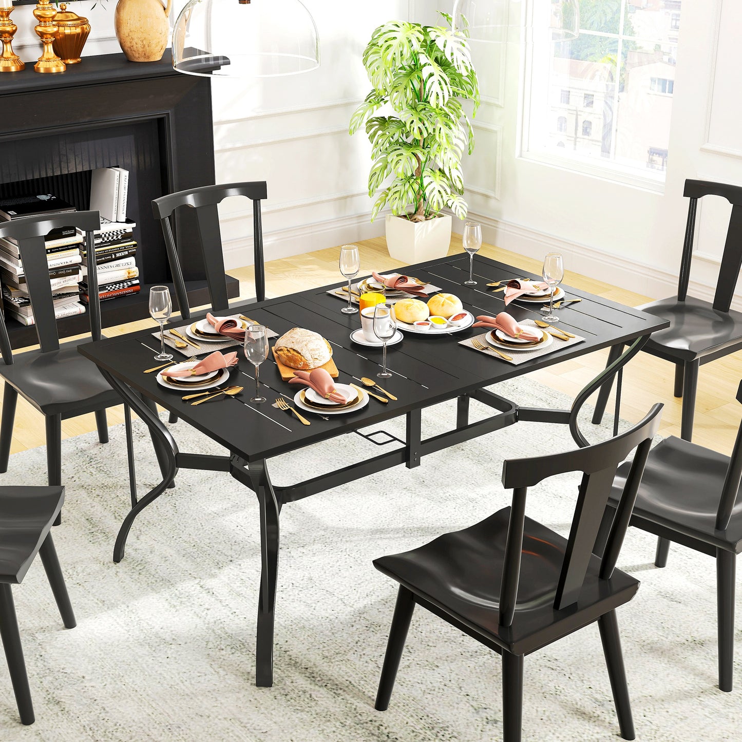 Outsunny Rectangle Garden Dining Table with Parasol Hole, Patio Table with Steel Frame and Slat Tabletop, 150cm x 90cm, Black