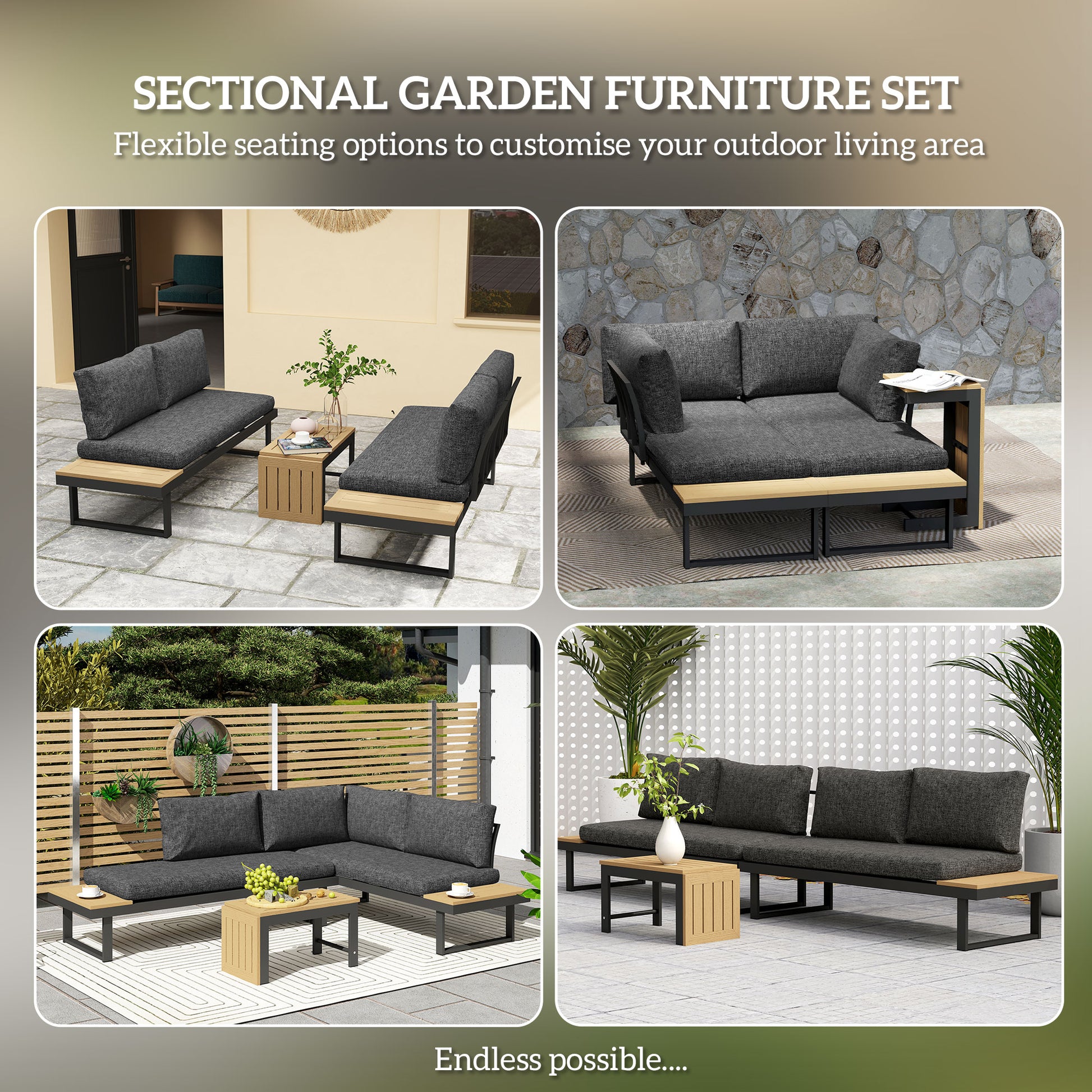 Outsunny 4 Seater L Shaped Aluminium Sectional Garden Furniture Set with 2 Loveseats and Wood-Plastic Coffee Table - Natural Wood