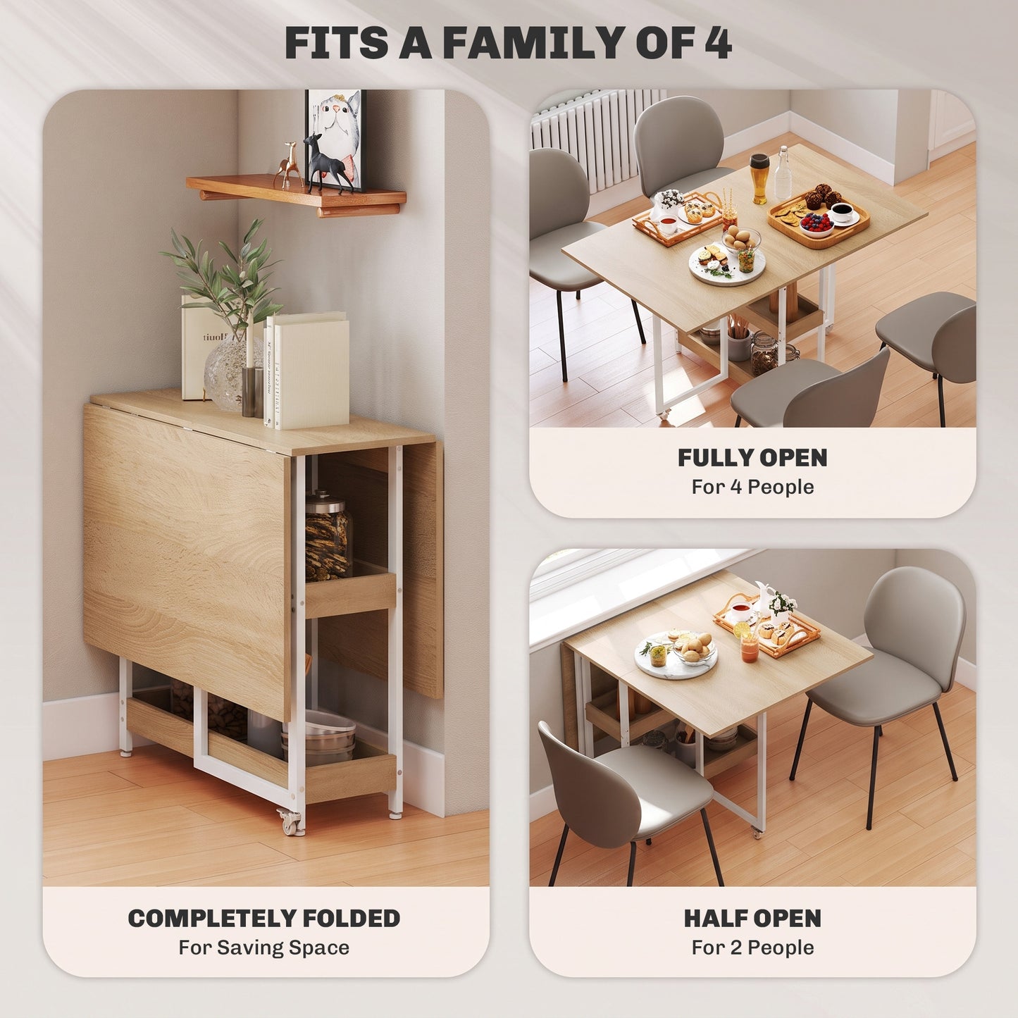 HOMCOM Four-Person Drop Leaf Table - Natural Wood-Effect