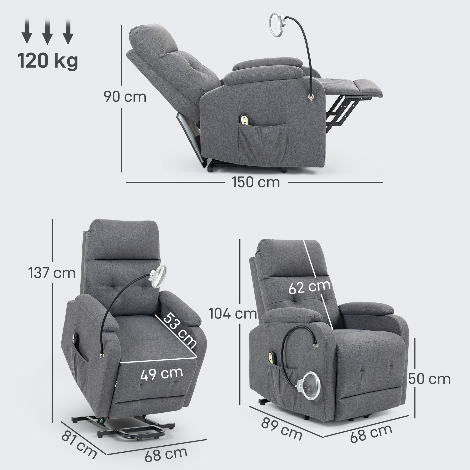 HOMCOM Electric Rise/Recline Armchair, with Reading Light - Grey