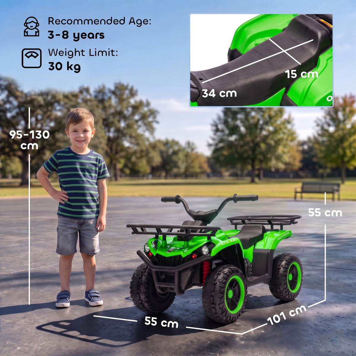 AIYAPLAY 12V Kids Electric Quad Bike, Ride on ATV with Dual Motors, Soft Start, Storage, Music, Lights for 3-8 Years, Green