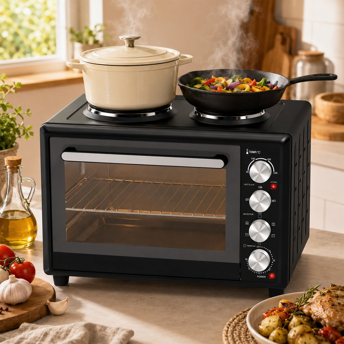 HOMCOM 46L Mini Oven with Dual Hot Plates, Electric Countertop Cooker with Convection, 90â€“230Â°C Adjustable Temperature
