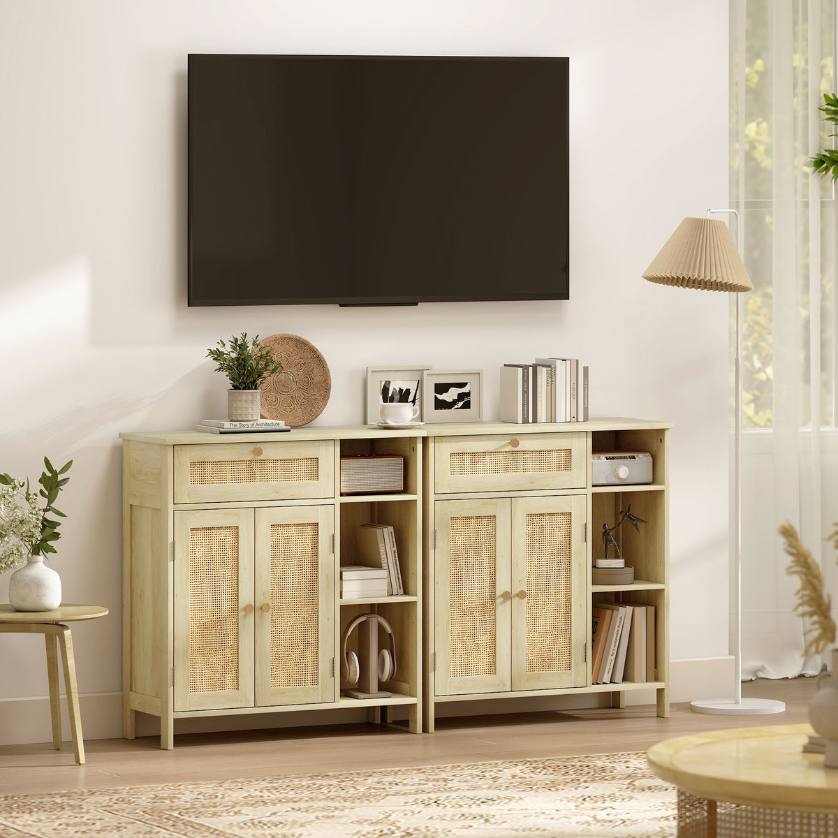 HOMCOM Rattan Sideboard Cabinet with Drawer 2 Doors Adjustable Shelves Kitchen Storage 75 x 30 x 79.5 cm Natural Wood Effect