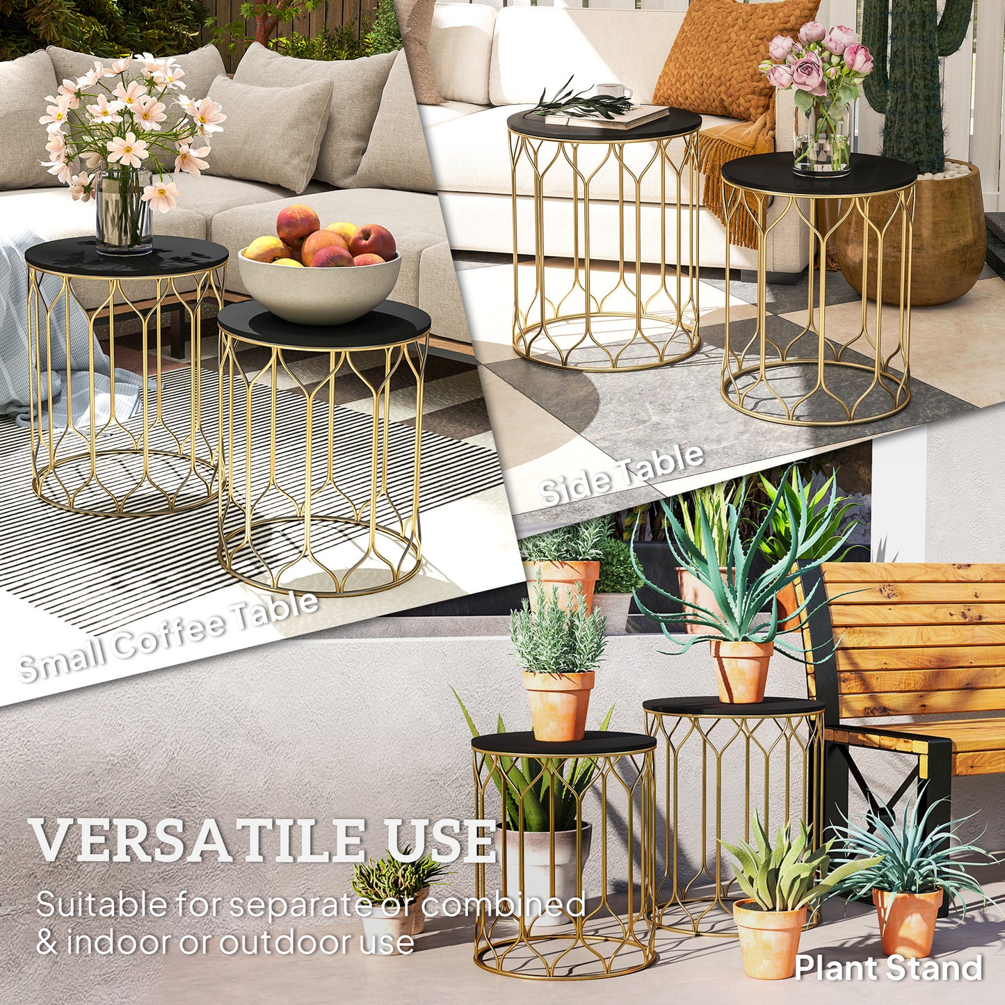 Outsunny Round Coffee Table Set of 2, Modern Nesting Tables with Ceramic Tile Top, Small End Tables, Indoor Outdoor Side Table with Metal Frame for Living Room, Bedroom, Patio, Balcony, Black