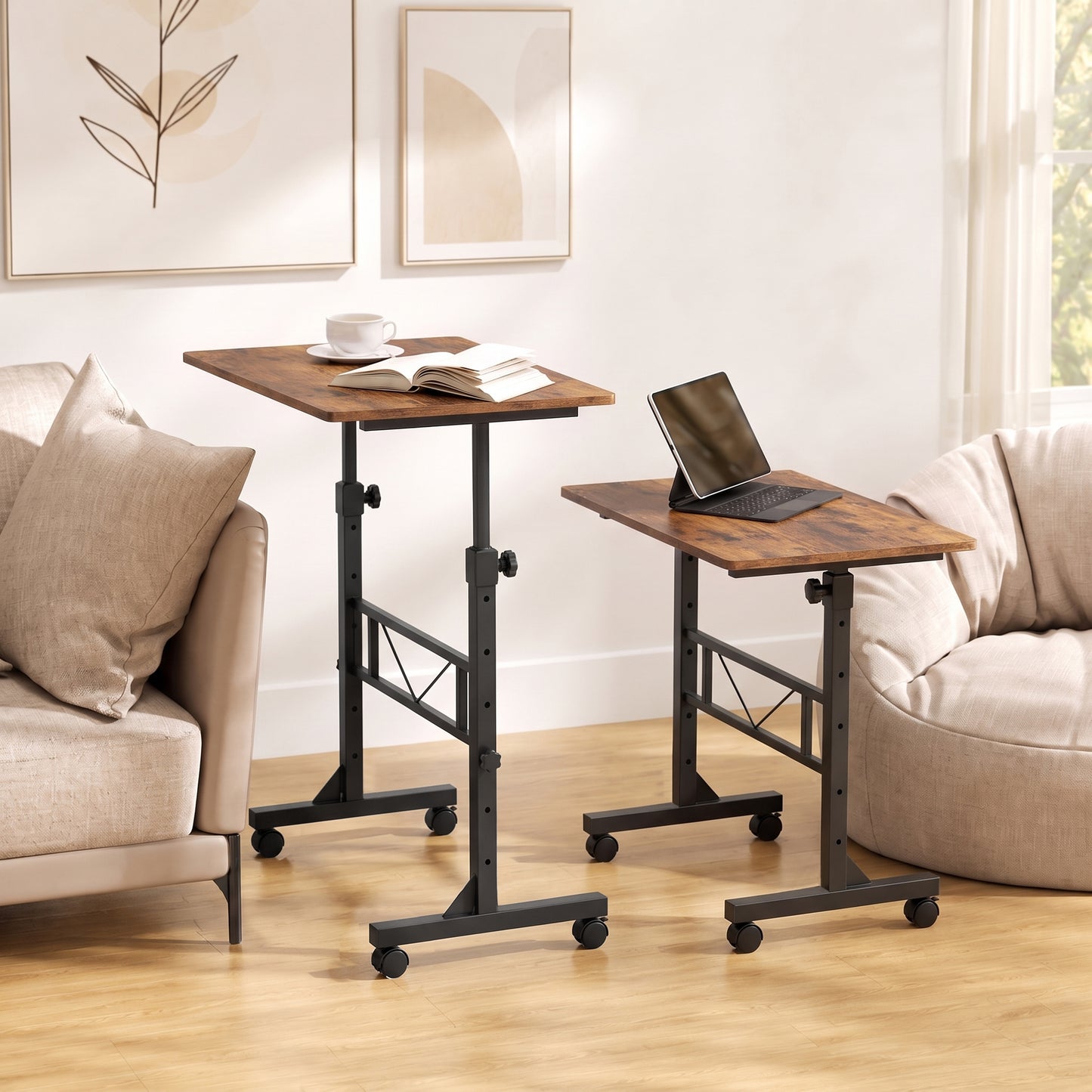HOMCOM Overbed Table Adjustable Height Sofa Side Table with Wheels 80 x 40 cm Rustic Brown Black