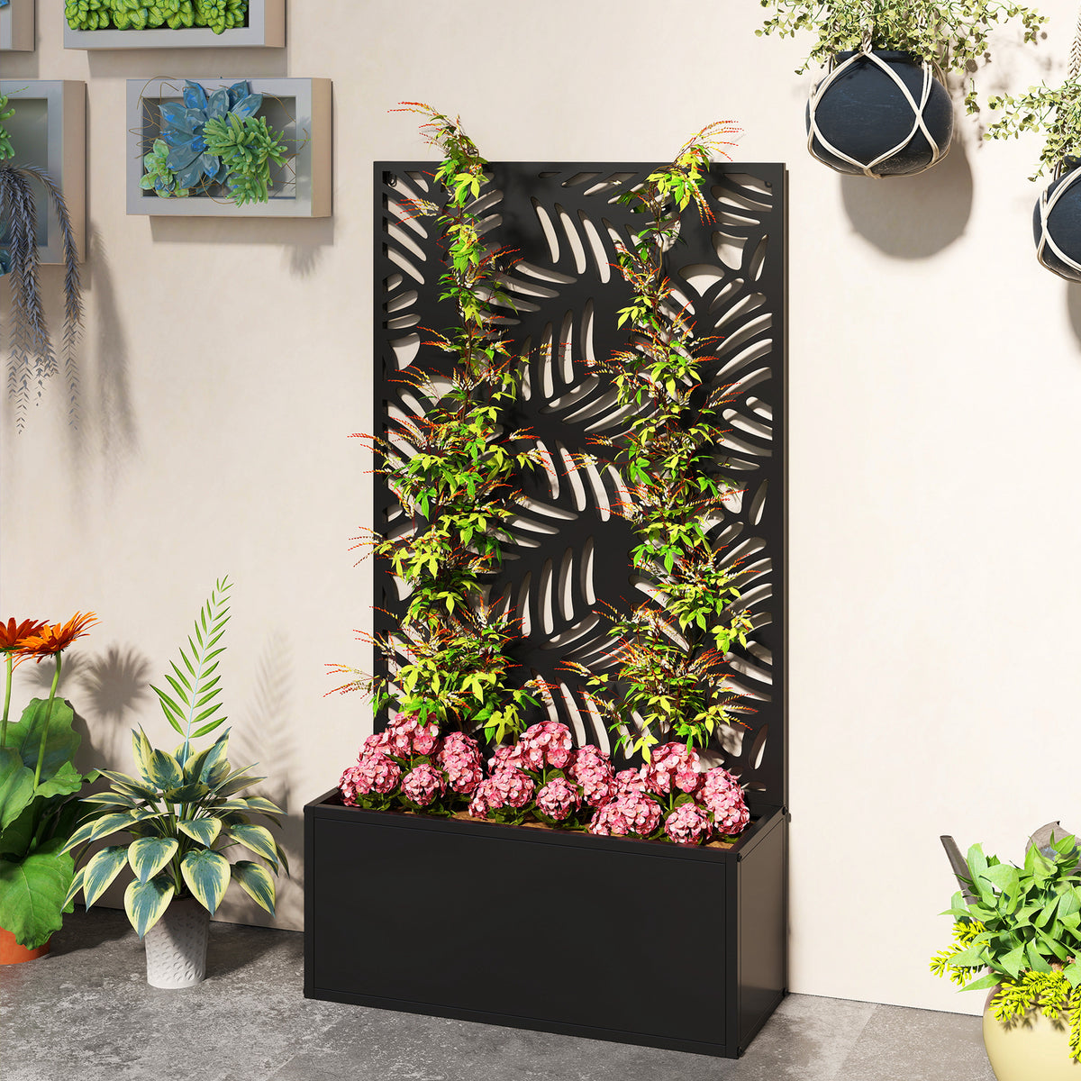 Outsunny Metal Garden Bed for Garden with Trellis, Wall Mounted or Freestanding Raised Planter with Privacy Screen