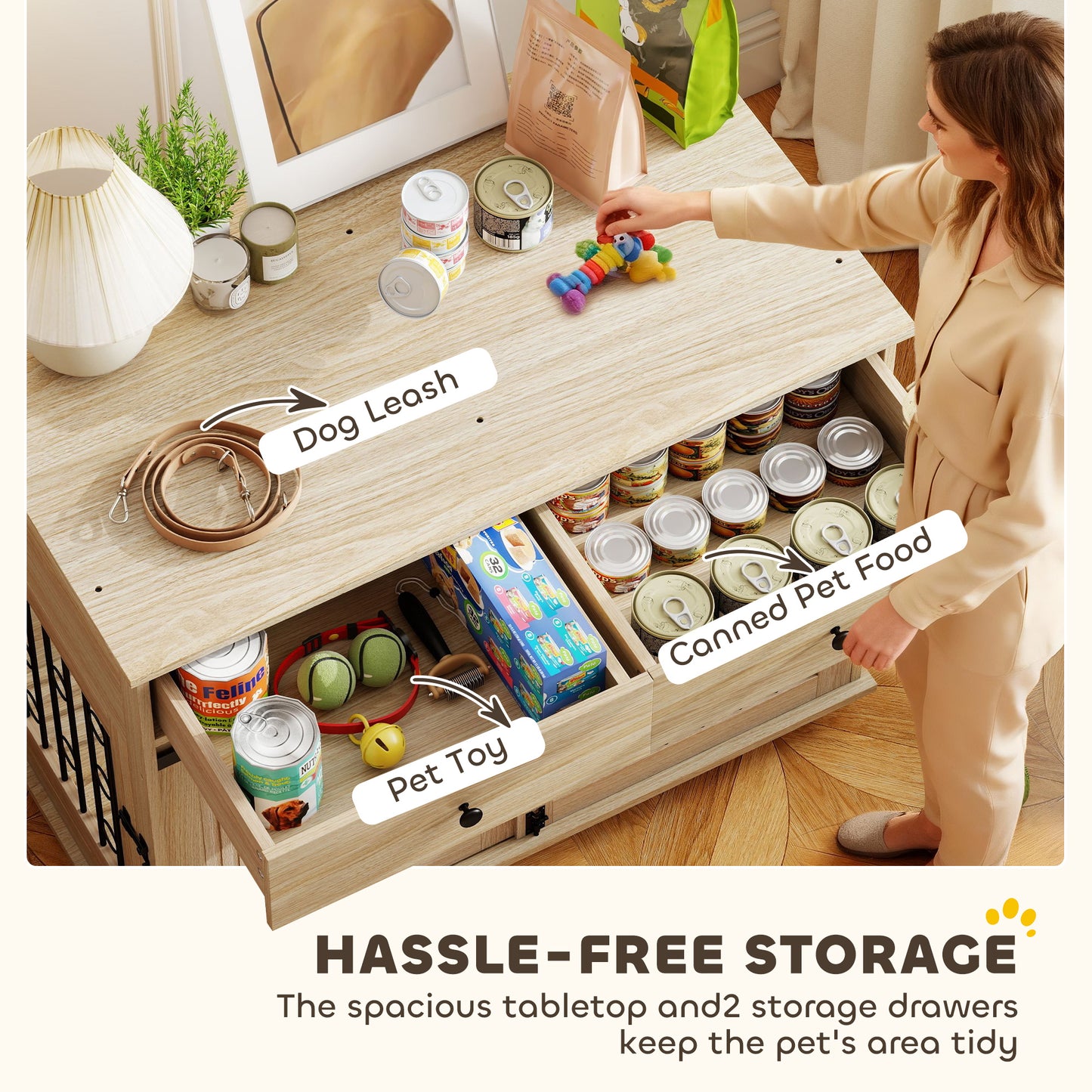 PawHut Dog Crate Furniture on Wheels, Dog Cage with 2 Drawers, Sliding Door, for Medium Large Dogs, Oak Tone