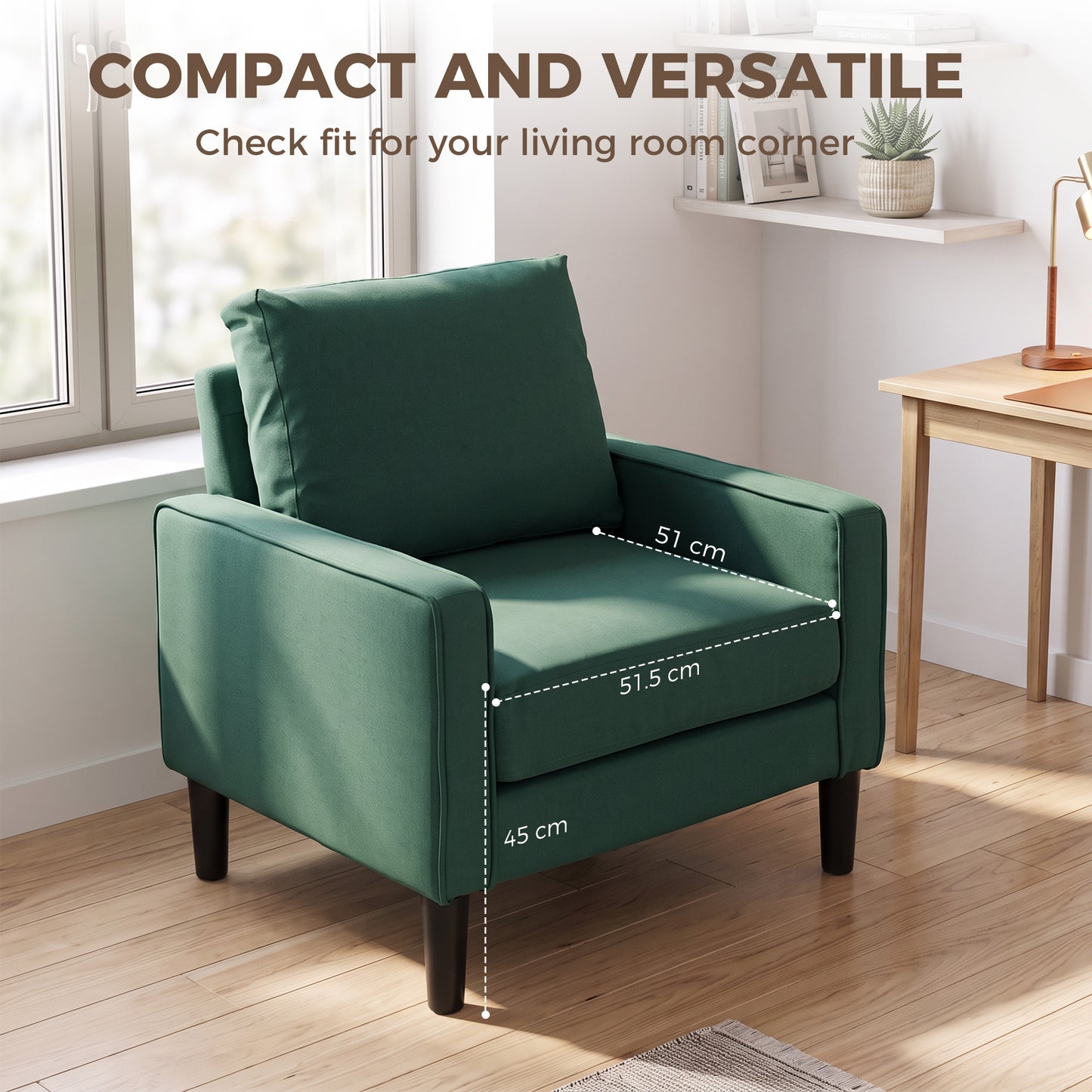 HOMCOM Accent Chair, Removable Pillow Linen Armchair with Comfy Spring Cushion for Living Room, Bedroom, Study, Dark Green