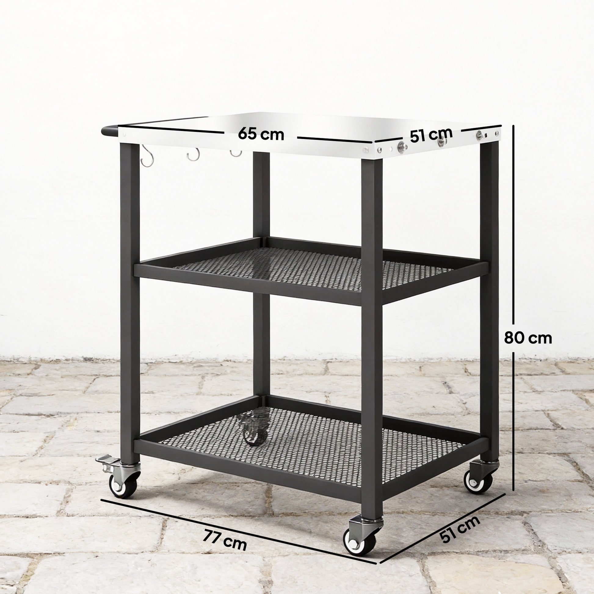 Outsunny Outdoor Grill Cart with Stainless Steel Tabletop, 3-Tier Pizza Oven Stand with Adjustable Shelf, Hooks, Wheels, Black