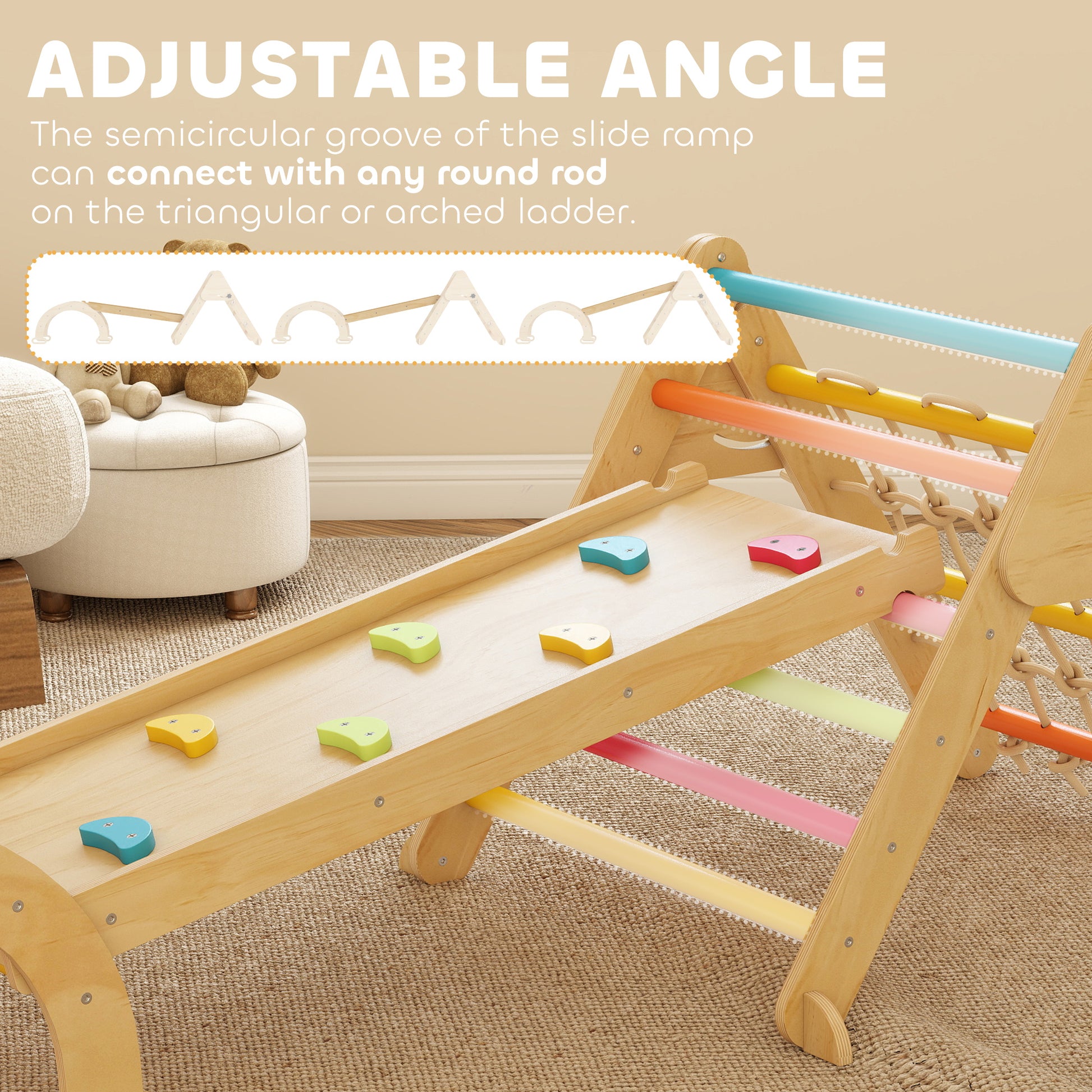 AIYAPLAY 8-in-1 Toddler Climbing Frame, Indoor Play Triangle Set with Slide, Arch and Triangle Ladder, Multicolour
