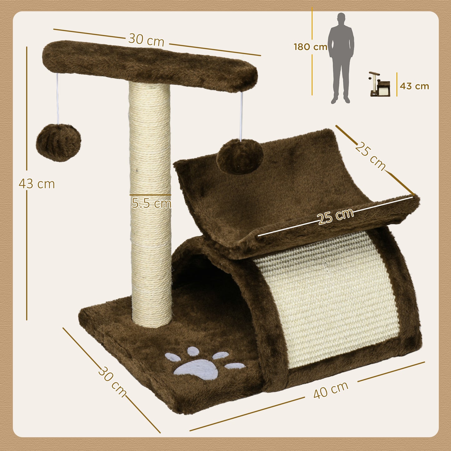 PawHut Cat Tree, Cat Tower for Kittens with Rotatable Top Bar, Sisal Scratching Post, Tunnel, Dangling Balls - Brown