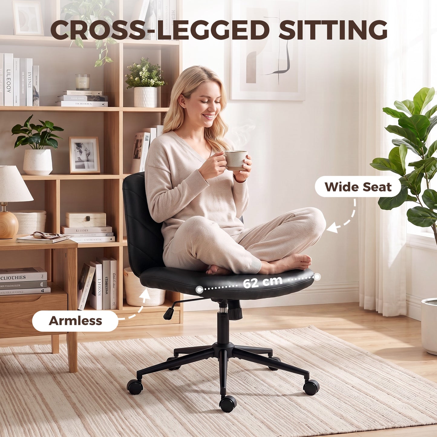 HOMCOM Home Office Desk Chair Height Adjustable Swivel Chair Cross Legged Wide Seat Swivel Wheels Black