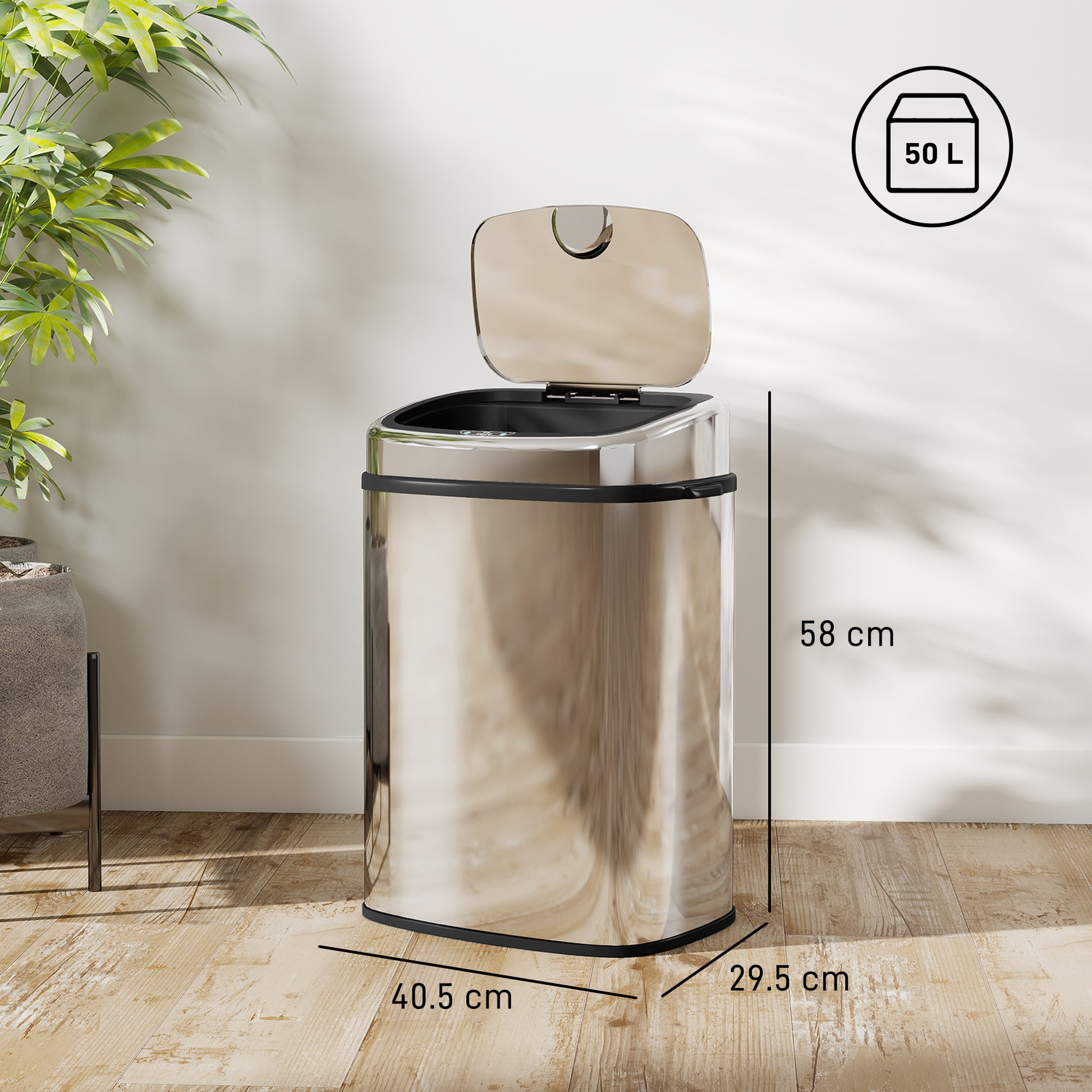 HOMCOM 50L Stainless Steel Sensor Bin - Silver Tone