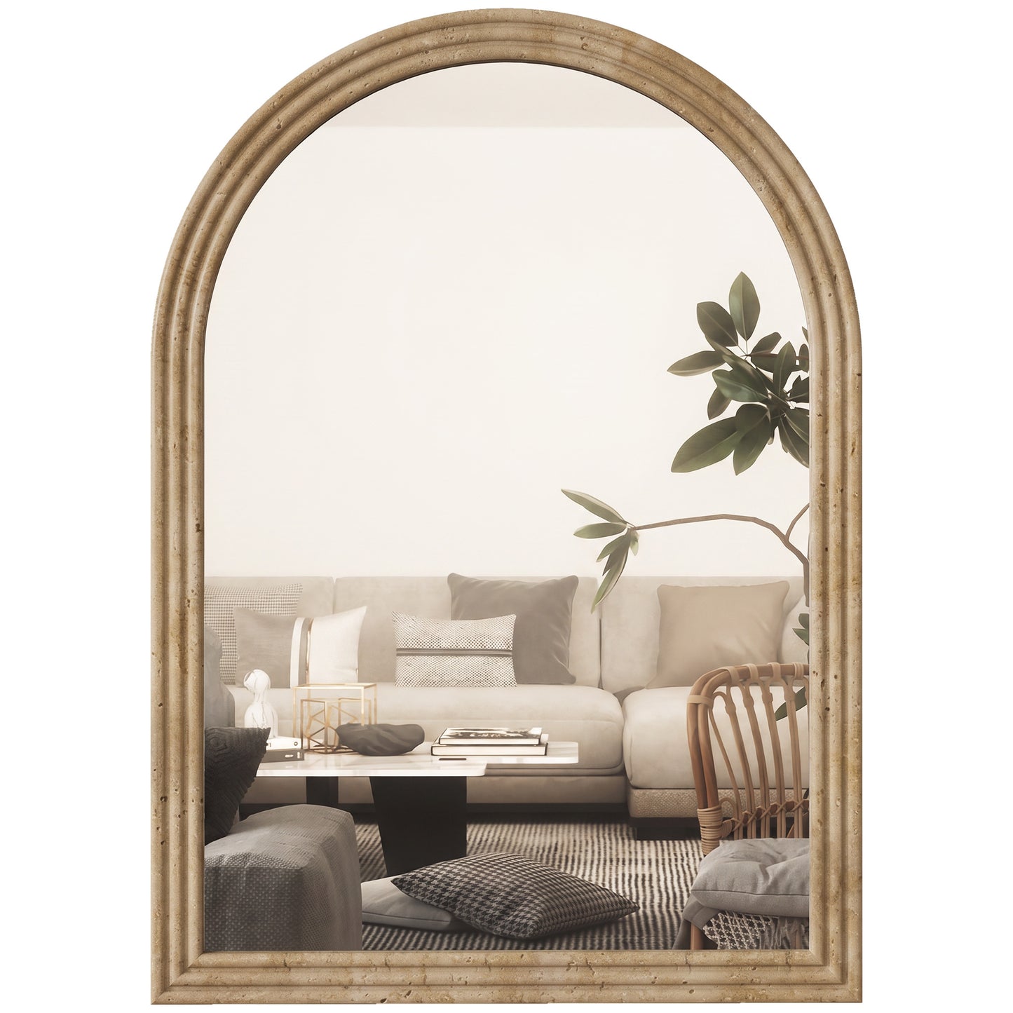 HOMCOM Modern Wall-Mounted Mirror, Arched Wall Mirror with Grooved Edge for Living Room, Entryway, Hallway, Brown