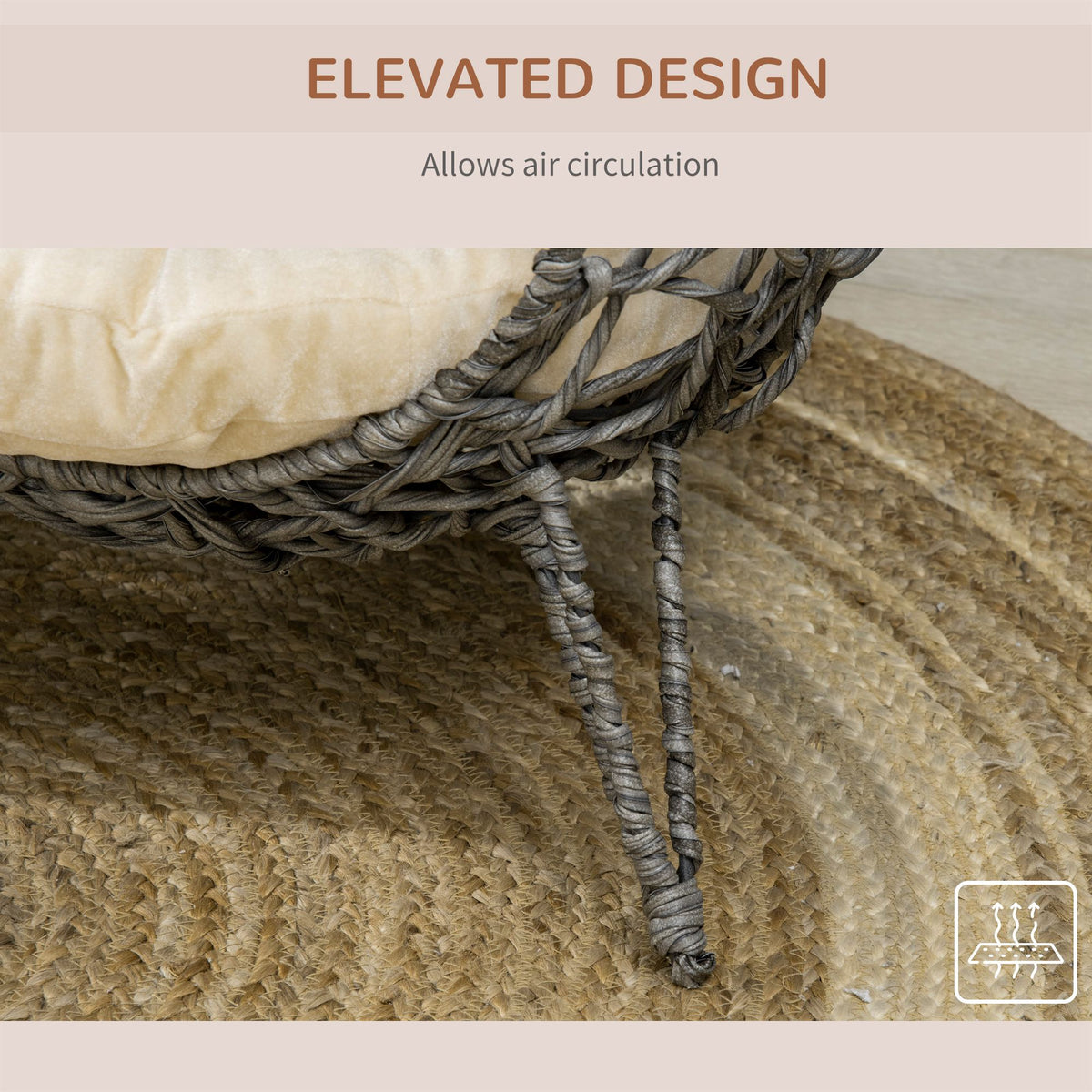 PawHut Raised Rattan Cat House, with Cushion - Silver-Tone & Grey