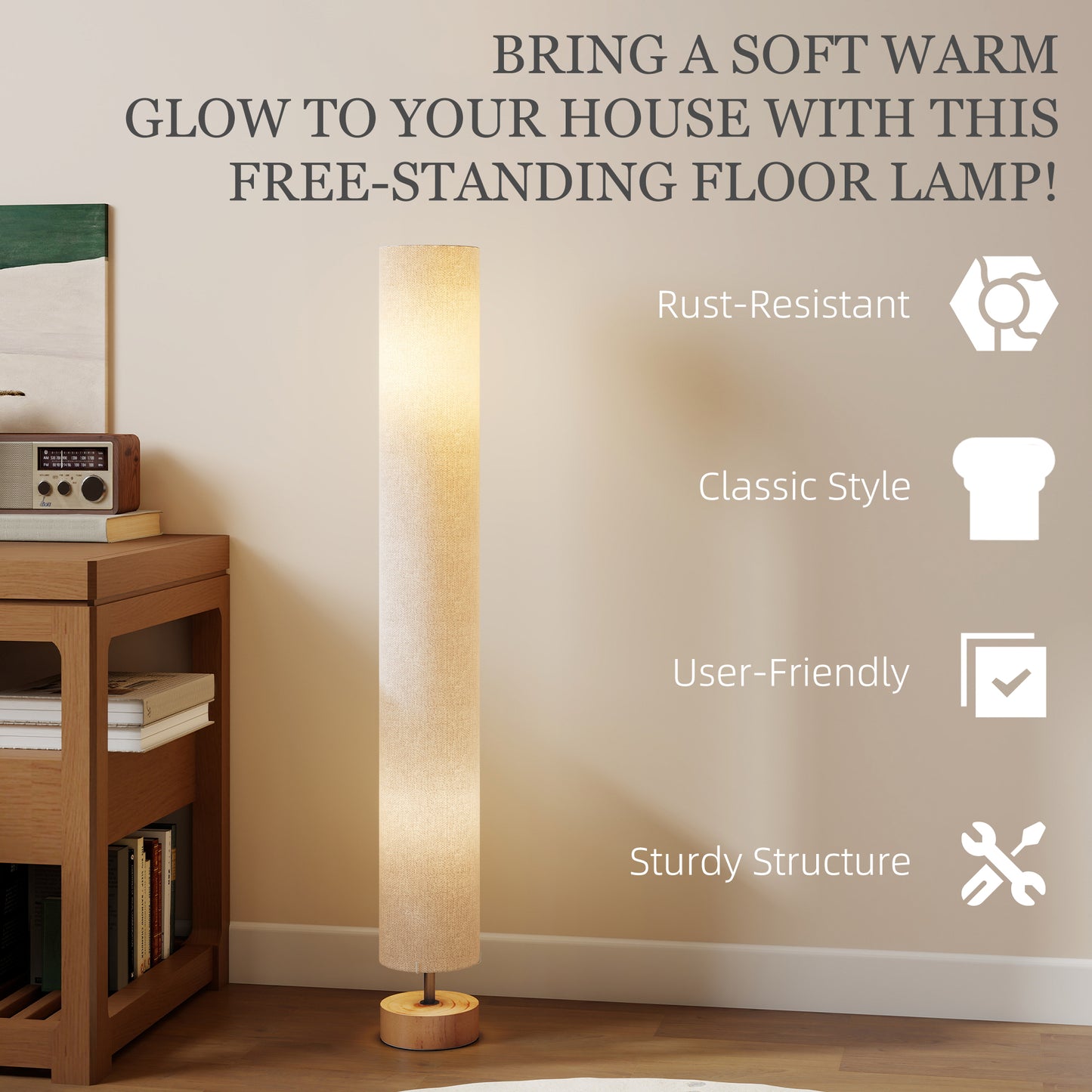 HOMCOM LED Floor Lamp for Living Room, 120cm Modern Standing Lamp with 3000K/4500K/6500K Colour Temperatures, Linen Shade and Wooden Base, Grey