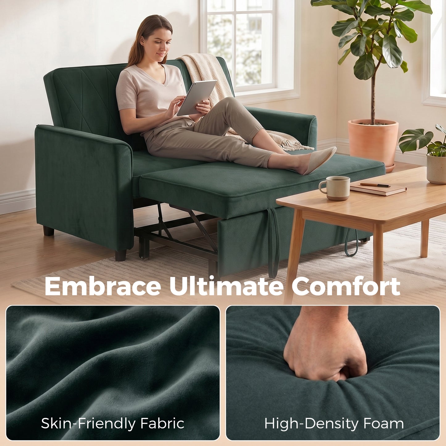 HOMCOM 2 Seater Sofa Bed, 3-in-1 Convertible Pull Out Sleeper Sofa with Clik-Clack Adjustable Backrest, Dark Green