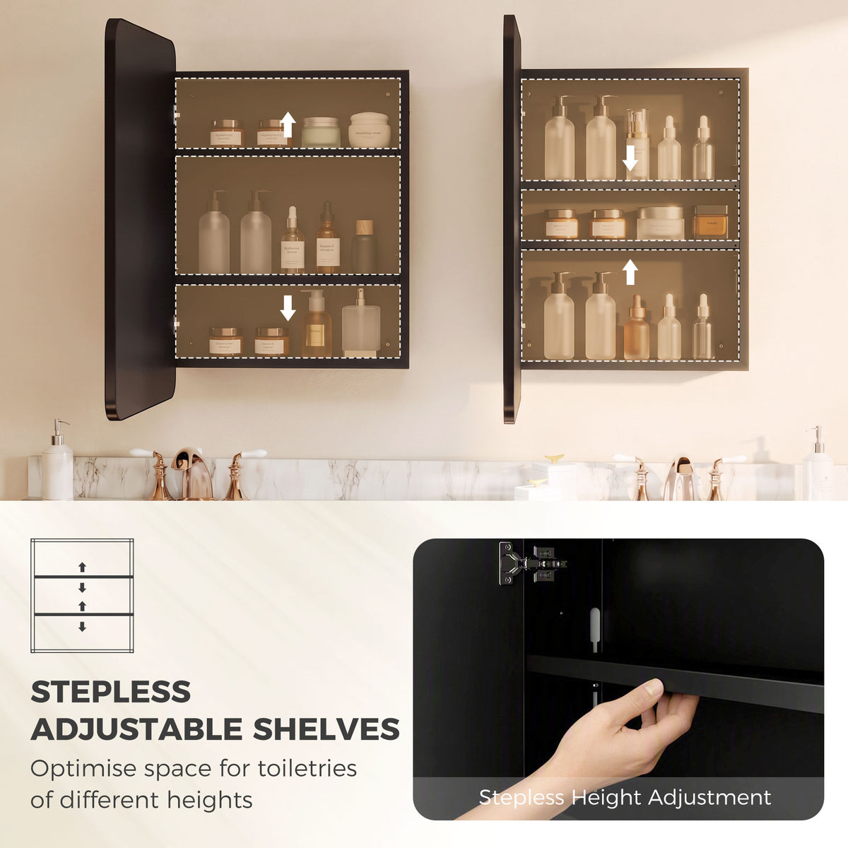 HOMCOM 50.8 x 11.6 x 71 cm Bathroom Mirror Cabinet, Wall Cabinet with Adjustable Shelves, Wall-Mounted or Recessed, Black