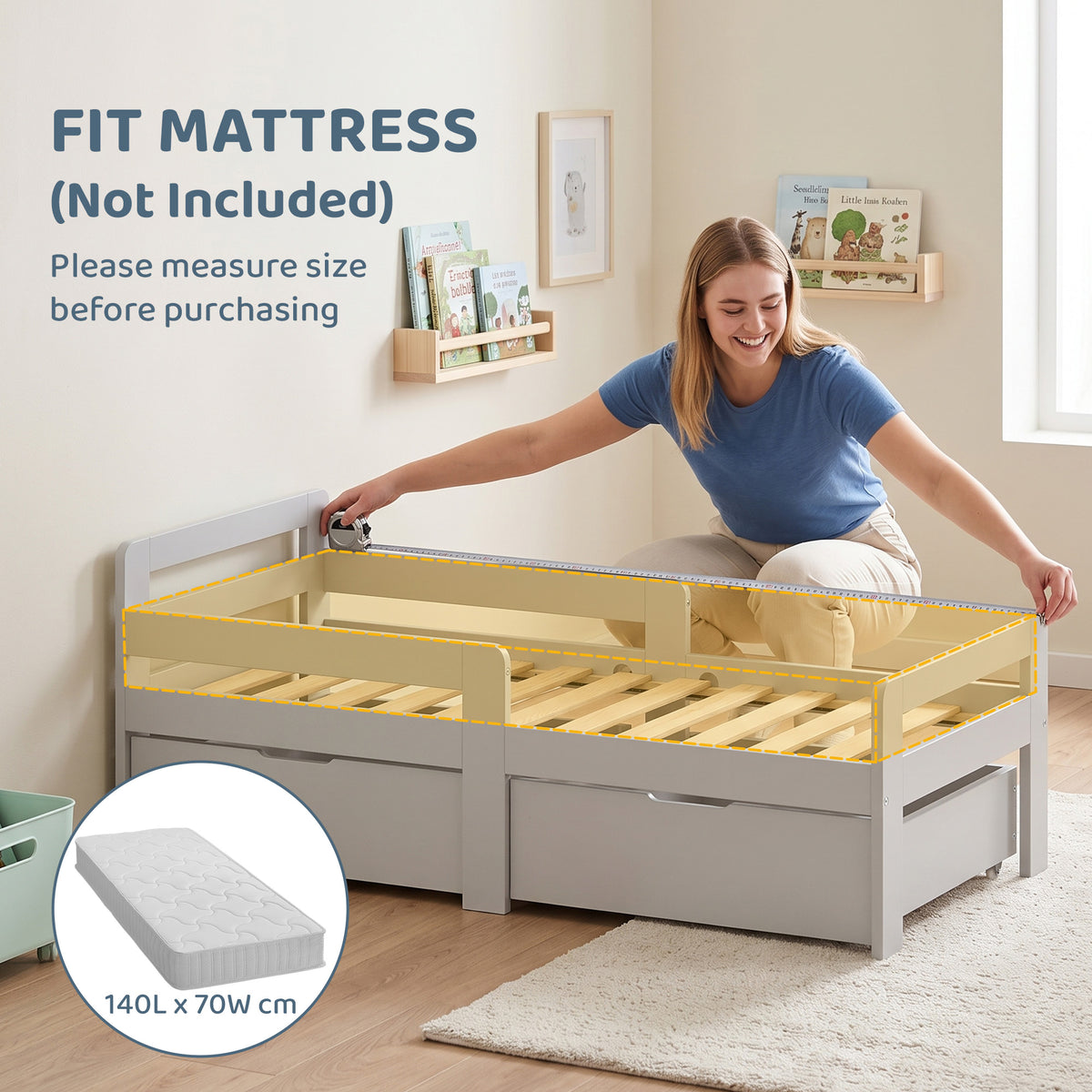 AIYAPLAY Wooden Kids Bed Frame with 2 Storage Drawers and Guard Rails for Ages 4-14, 144 x 76 x 57 cm (No Mattress), Grey