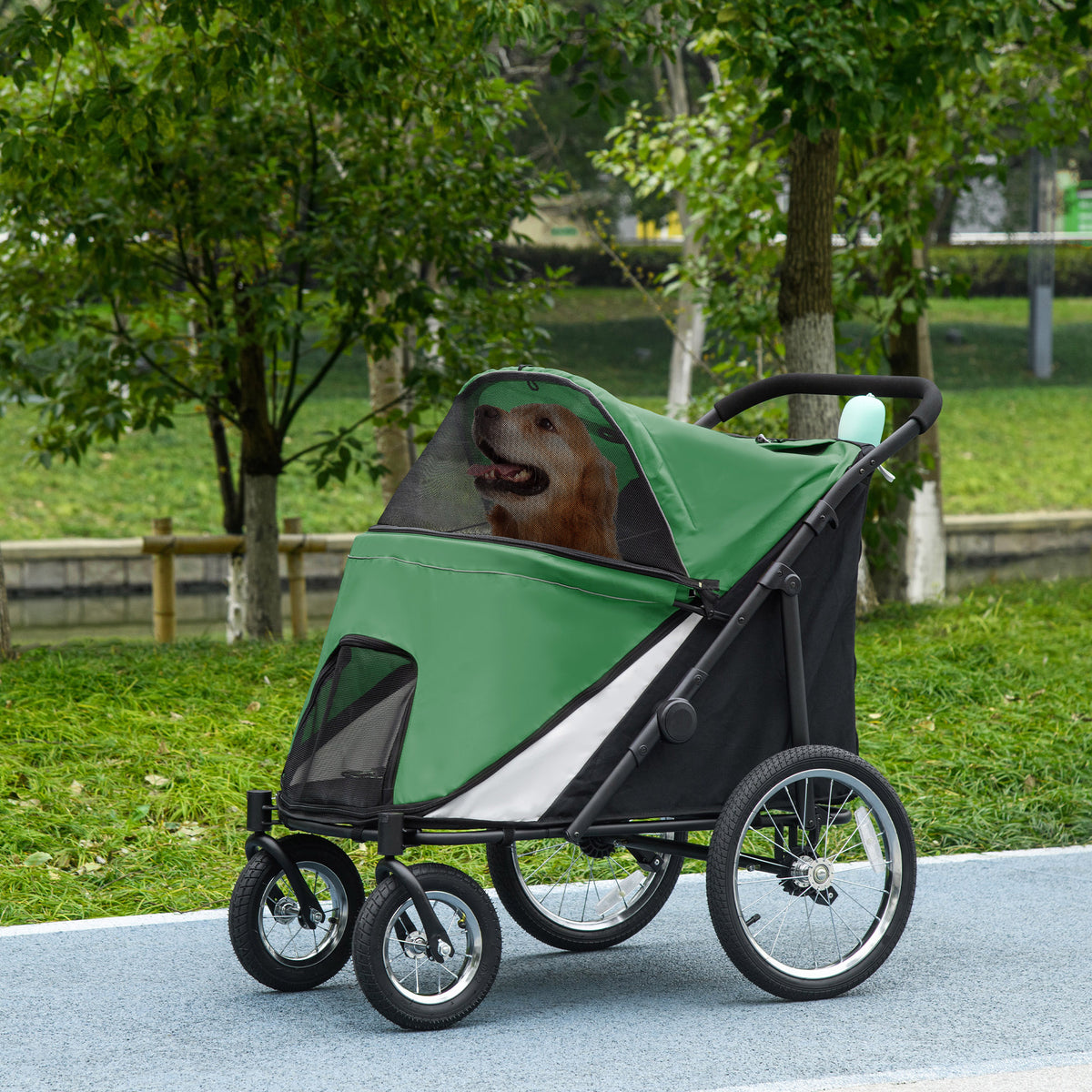 PawHut Foldable Pet Stroller, with Washable Cushion, Storage Bags, Safety Leash, for Medium, Large Dogs, Cats - Green