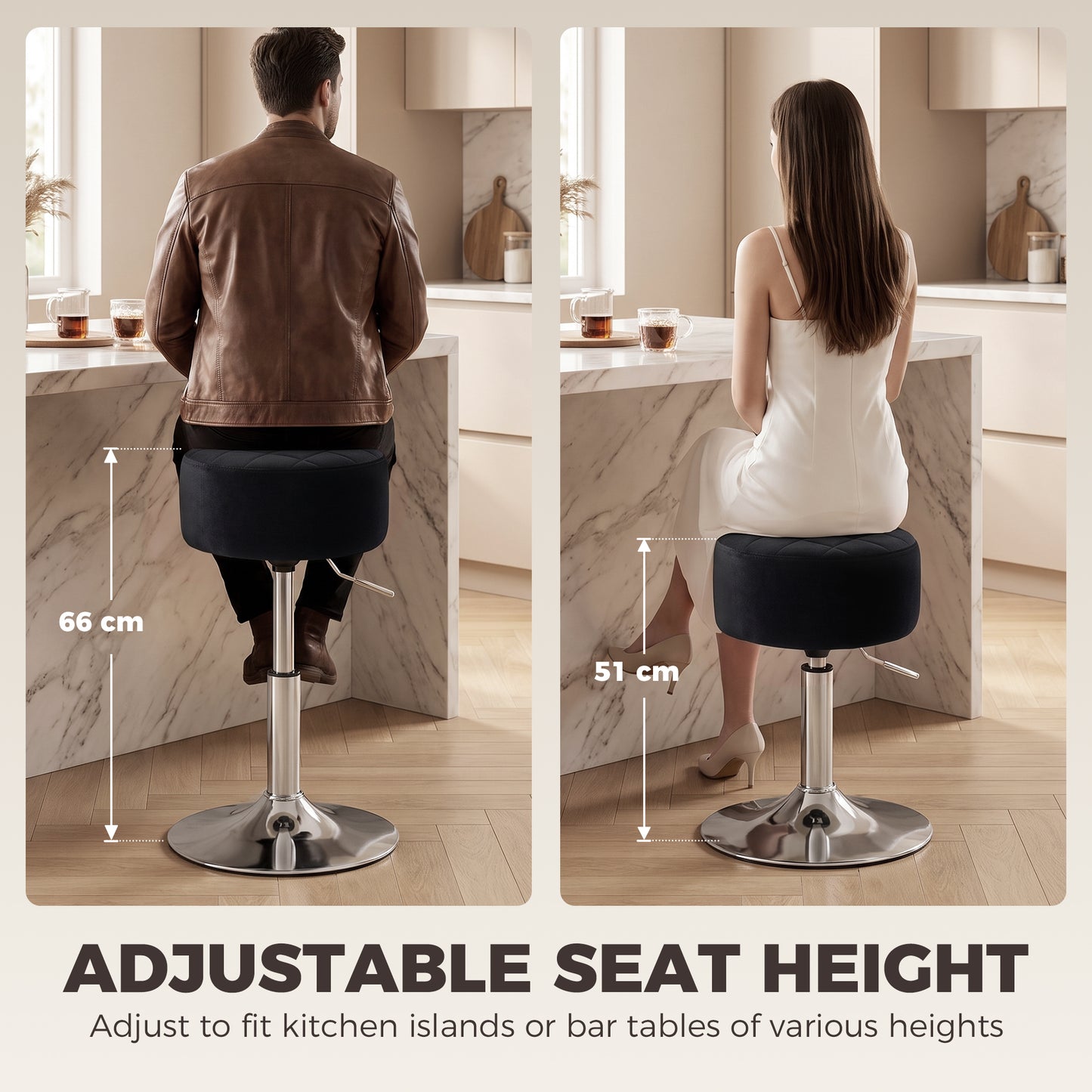 HOMCOM Bar Stool Adjustable Swivel Chair Velvet-Feel Seat 1 Piece, Black